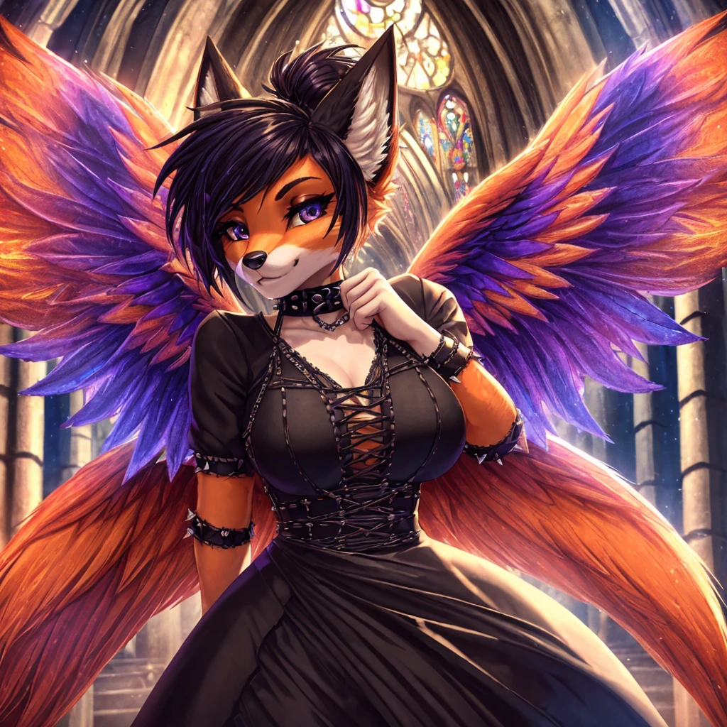 (best quality,4k,8k,highres,masterpiece:1.2),ultra-detailed,HDR,UHD,studio lighting,sharp focus,extreme detail,professional,vivid colors,bokeh,portrait,cathedral background,brilliant orange fur,large angel wings,sexy goth dress,punk hairstyle,fox snout,fox ears