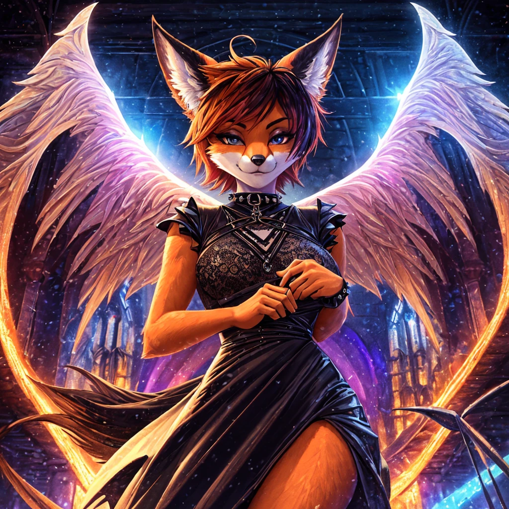 (best quality,4k,8k,highres,masterpiece:1.2),ultra-detailed,HDR,UHD,studio lighting,sharp focus,extreme detail,professional,vivid colors,bokeh,portrait,cathedral background,brilliant orange fur,large angel wings,sexy goth dress,punk hairstyle,fox snout,fox ears