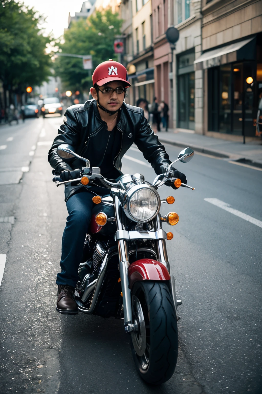 Mario rides a black retro motorcycle on the street