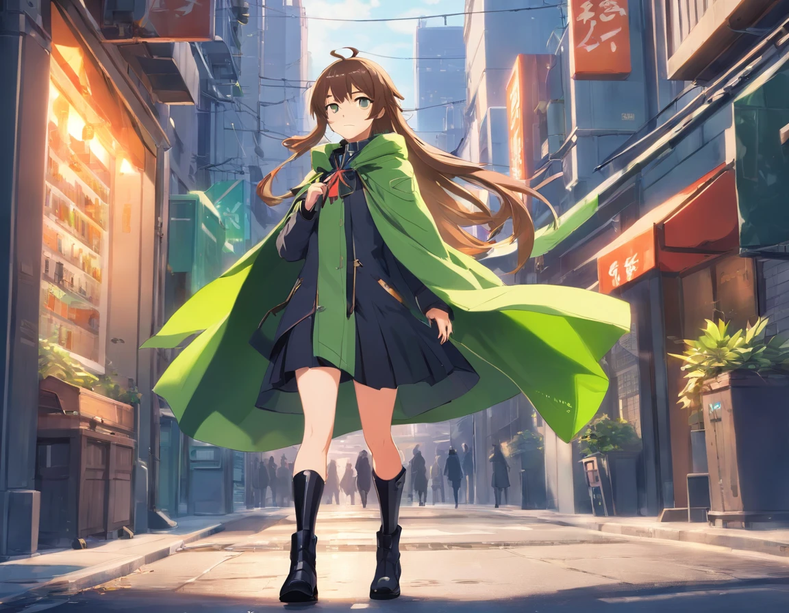 anime girl in a green coat and black boots walking down a street, girls frontline cg, with a green cloak, wearing leaf cloak, rogue anime girl, anime visual of a cute girl, from girls frontline, from arknights, anime girl with a bow and arrow, green cloak, anime girl with long hair, inspired by Sakai Hōitsu, girls frontline style