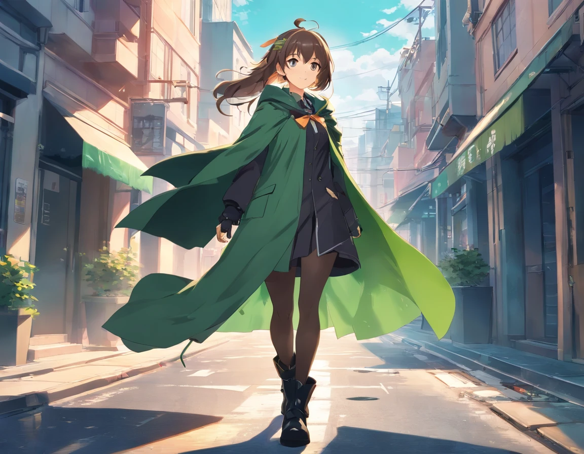 anime girl in a green coat and black boots walking down a street, girls frontline cg, with a green cloak, wearing leaf cloak, rogue anime girl, anime visual of a cute girl, from girls frontline, from arknights, anime girl with a bow and arrow, green cloak, anime girl with long hair, inspired by Sakai Hōitsu, girls frontline style