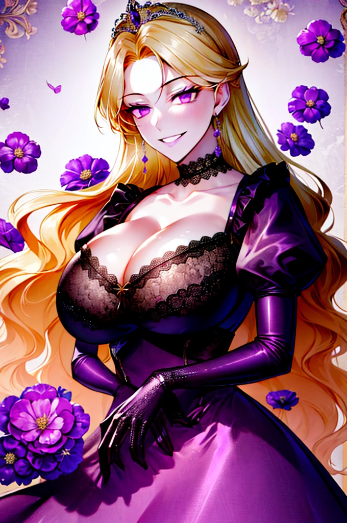 corrupta, (shoujo-style, floral background, romance manhwa), 1girl, blonde hair, solo, long hair, flower, dress, tiara, white dress, gloves, long sleeves, thick eyeblows, purple eyes, white gloves, purple bow, purple flower, wavy hair, standing, bow, jewelry, looking at viewer, oiled skin, shiny skin, reflective skin, steaming body, evil smile, collarbone, puffy sleeves, skirt lift, upper body, parted bangs, very long hair, purple dress, frills, bangs, cowboy shot, big breast, cleavage, dark persona, corruption