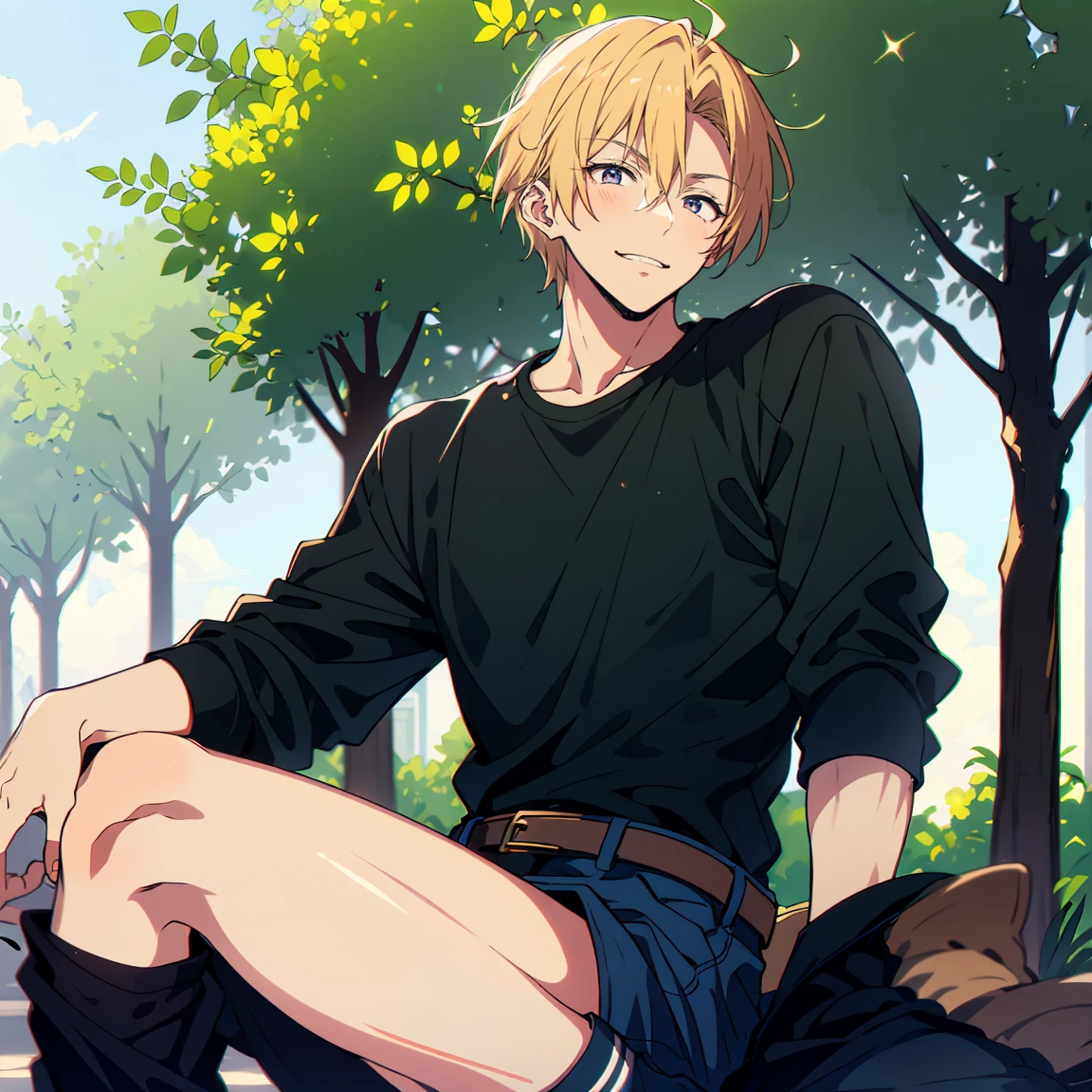 Built man, black shirt, casual clothes, friendly looking, young man, bishonen, pretty face, cute smile, short to medium hair, wolfcut haircut, himbo, on a urban setting with trees around, portrait