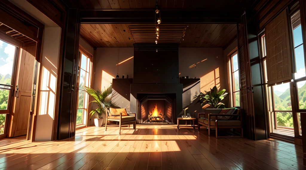 Interior Design, lounge, Uses the following materials in a harmonious and consistent manner with an original style:., Touch era mixing stump, CGI, epoxy, the fire, bright, pumpkin, amethyst, damascus titanium, magma, oak forest, made of wood, voxel, plank, 4k, long shot, with dramatic lighting, dual lights, cruelty, color field painting, hyperrealism, Hipermaximalista, Complex Maximalist, jungle core, biophilic design, Modernism, naturalism, prehistory, tropics, age, Biophilic interior design, interior design protection, industrial interior design, minimalist interior design, moore interior design, moroccan interior design, neolithic interior design, Valley Bottom Penthouse Hiress