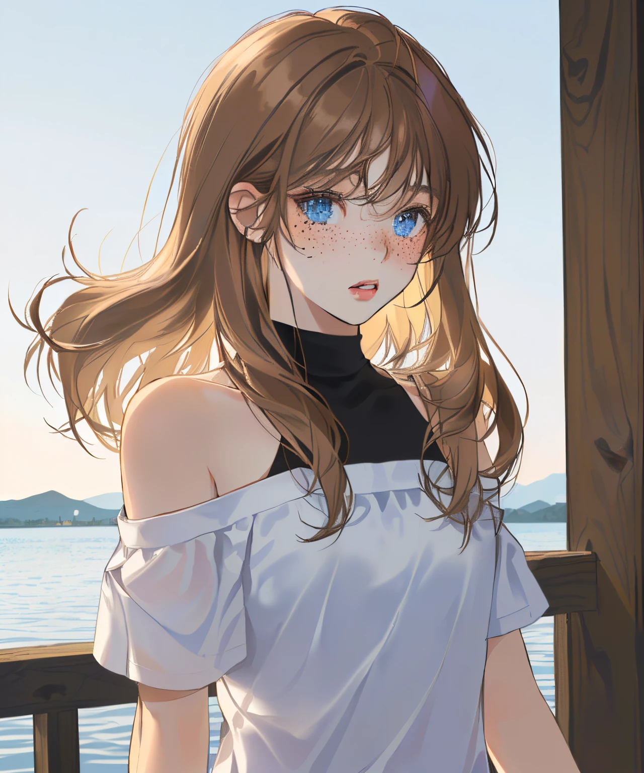 ((Biologically correct limb count))、(( whole body including face))、4K、Masterpiece、((Focus on the face))、((Symmetrical, well-proportioned facial features))、Eyes with delicate depictions、(((1 person)))、Beautiful woman、Outstanding style、Slender Body、(High heels with anklets、Shiny Stockings)、(((shirt、Checked skirt)))、(((White belt photo)))、((Looking up))、Shy、(((Riverside、Stand on the surface of the water)))、(((Close-up photo of the upper body)))、High angle、night、