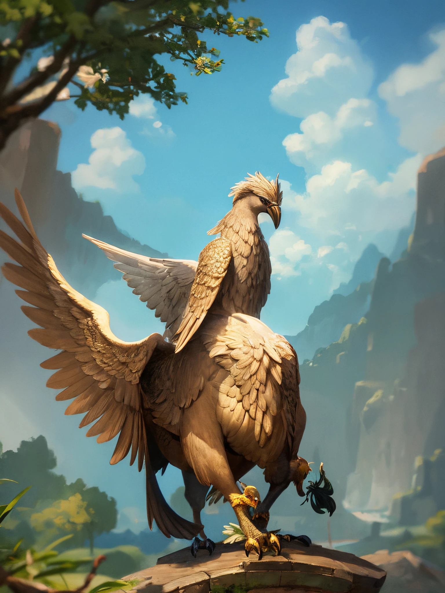 symmetric, (best quality, masterpiece:1), furry female anthro gilda, gryphon, feathers, brown body, body fur, beak, nude, rear view, from behind, spread wings, feathered wings, looking back, smile, seductive, closed mouth, tuft, (outdoors fantasy forest background:1.0), <lora:gilda-v1-novelai:1>