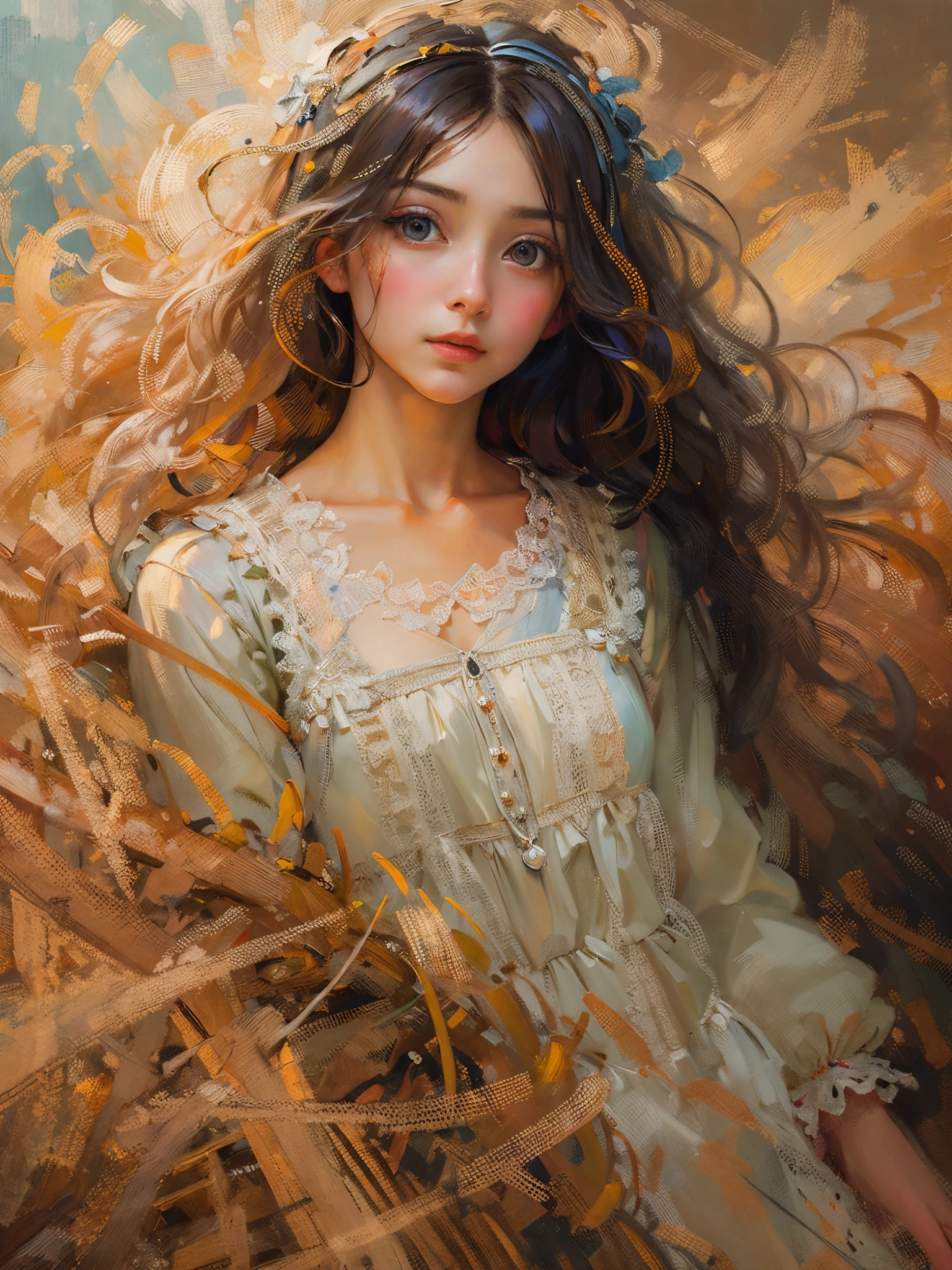 an oil painting,da vinci art style。Beautiful girl in haystack, messy hair,Guviz-style artwork,,Artistic creativity:1.37,Sweet,Wonderful and magical,Exquisite,Natural light