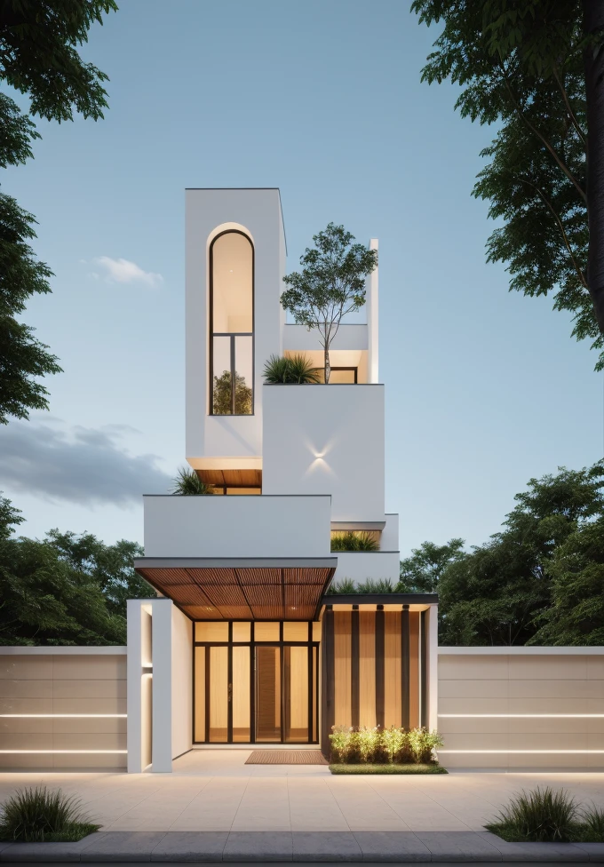 1 morden architect, main material by white wall and wood, 1large yard, 1 road runs in front of the house,  (RAW photo, real, best quality, masterpiece:1.2), look morden minimalist, 1 road in front of the house, dynamic lighting:1.3, (hyper realistic, photo-realistic:1.2), high quality, (dark lighting:1.2), perfect lighting, archdaily, no human