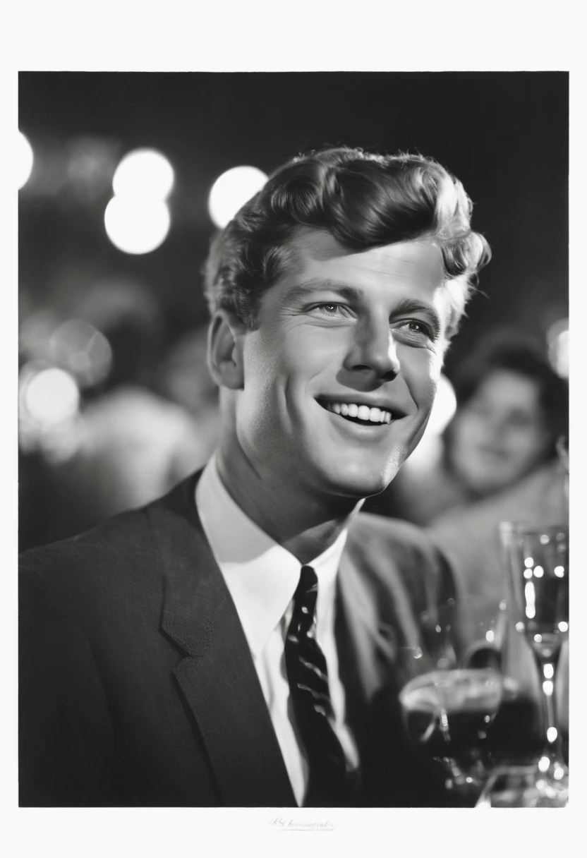 A photo of Kennedy enjoying a night out at a jazz club,original,John F. Kennedy, the 35th President of the United States, was renowned for his handsome, charismatic appearance, with his wavy hair, engaging smile, and a sense of style that exuded confidence and charm. His tailored suits and poised demeanor contributed to a public image of youthful vigor and sophistication.