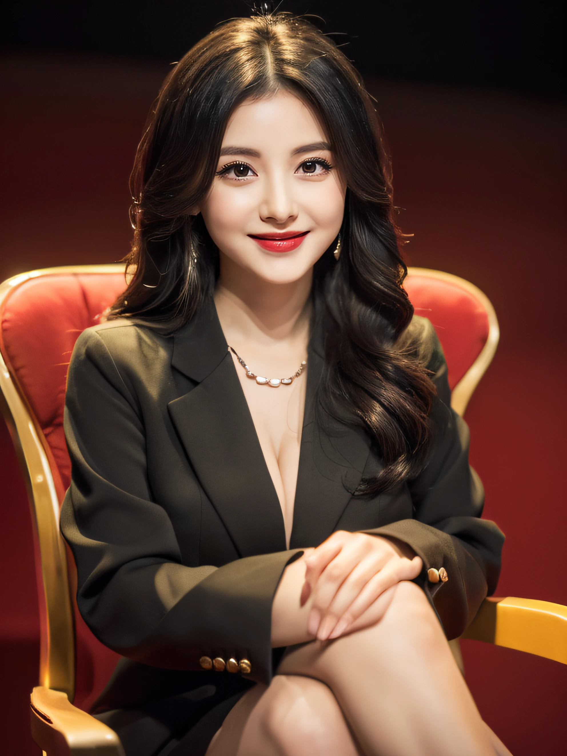 ((Top Quality, 8K, Masterpiece: 1.3)), Beautiful, Pure, Melon Face, Kind and Cute, Sweet Smile, Pure Desire, Slender Body, ((Front)), (Looking at Camera), Wearing a Suit, Black silky medium hair, long flowing shoulders, round black big eyes, clear big eyes, moist red lips, sweet, sitting on a chair, cafe background, (waist shot),