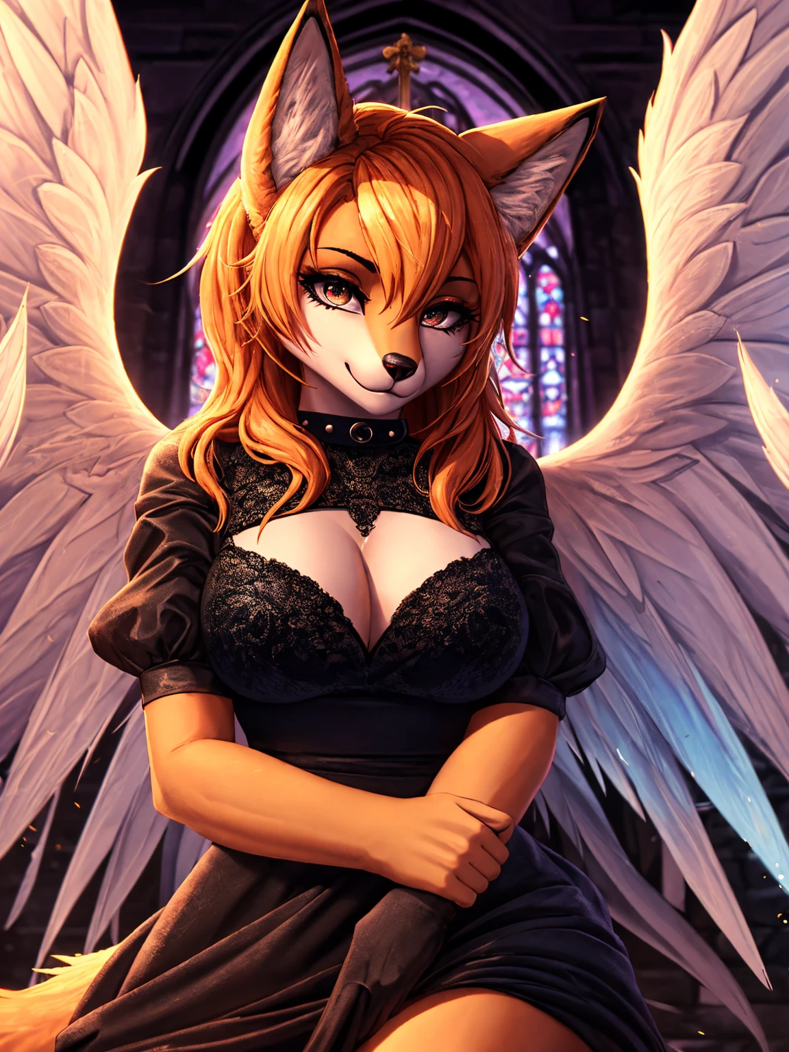 (best quality,4k,8k,highres,masterpiece:1.2),ultra-detailed,HDR,UHD,studio lighting,sharp focus,extreme detail,professional,vivid colors,bokeh,portrait,cathedral background,brilliant orange fur,large angel wings,sexy goth dress,punk hairstyle,fox snout,fox ears