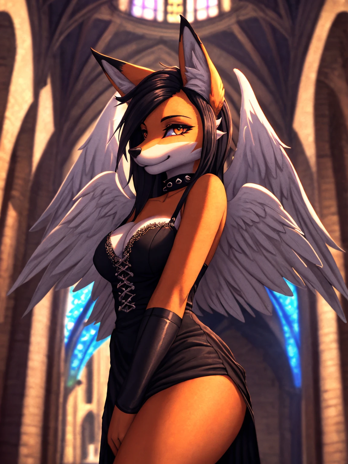 (best quality,4k,8k,highres,masterpiece:1.2),ultra-detailed,HDR,UHD,studio lighting,sharp focus,extreme detail,professional,vivid colors,bokeh,portrait,cathedral background,brilliant orange fur,large angel wings,sexy goth dress,punk hairstyle,fox snout,fox ears