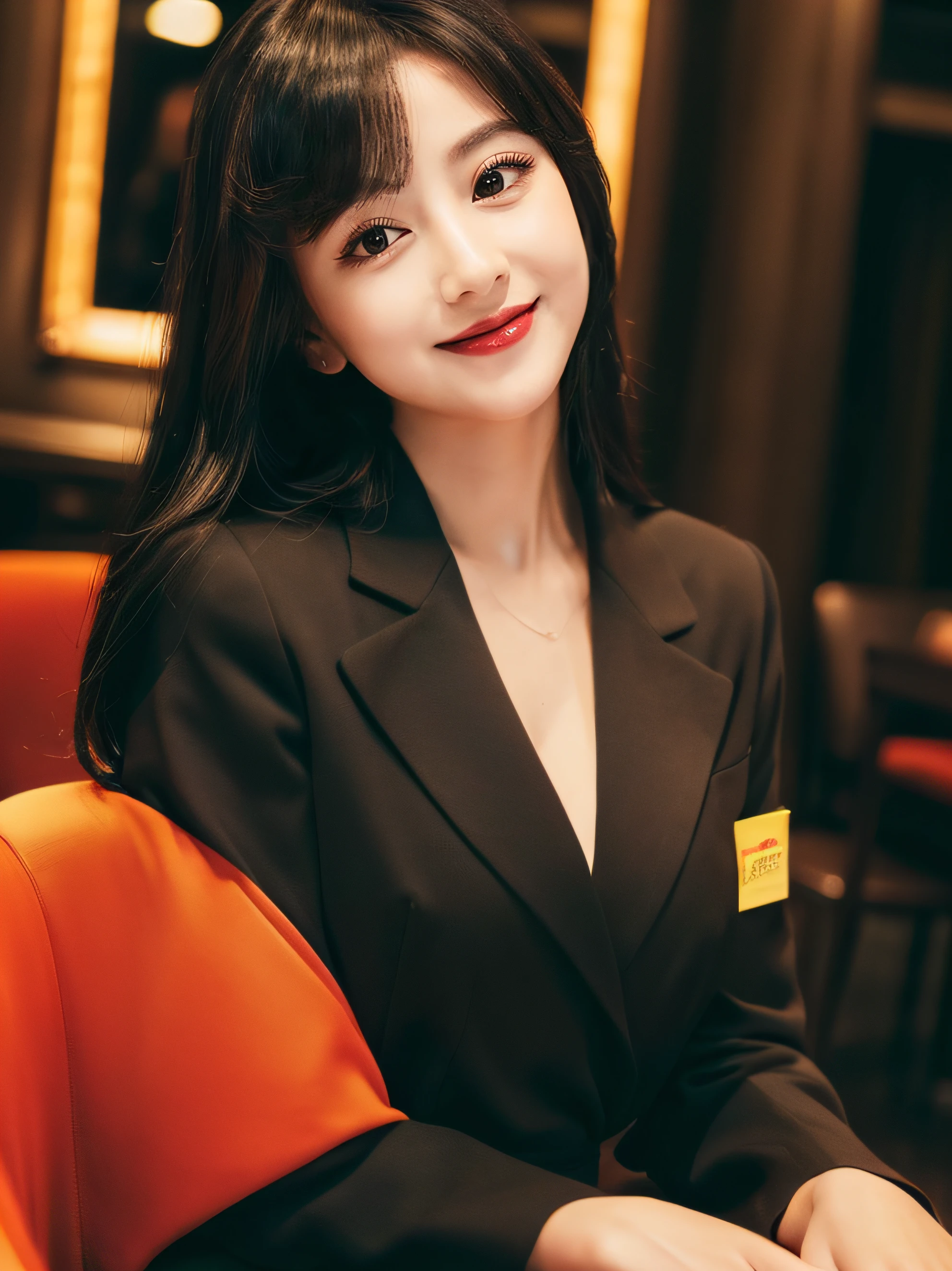 ((Top Quality, 8K, Masterpiece: 1.3)), Beautiful, Pure, Melon Face, Kind and Cute, Sweet Smile, Pure Desire, Slender Body, ((Front)), (Looking at Camera), Wearing a Suit, Black silky medium hair, long flowing shoulders, round black big eyes, clear big eyes, moist red lips, sweet, sitting on a chair, cafe background, (waist shot),