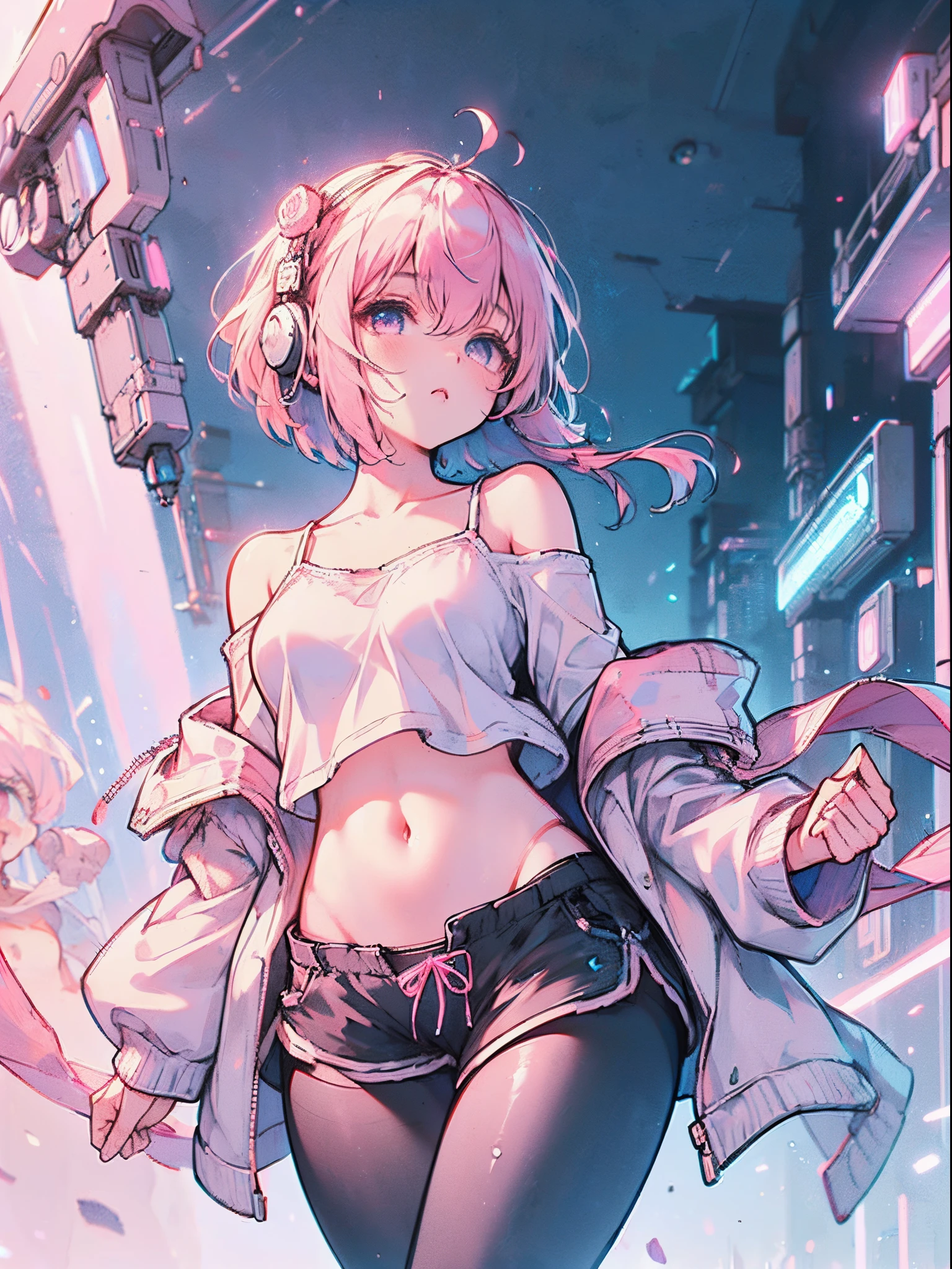 (Best quality, masterpiece:1.4), extremely details 8K unity CG wallpaper, high resolution, (anime style, 2D illustration), 1 girl, (cyberpunk impact), bad girl, ((pink Eye shadow)), (Expressionless), (Earmuffs:1.2), ((pink hair|blue hair|bob hair)), ((ahoge)), blue lipstick, poke face, ((White and purple Y2K jacket, off shoulder take off jacket on arms)), ((white camisole)), (navel:1.3), (black shorts:1.3), (black pantyhose:1.3), Canvas shoes, (((Cowboy shot, from below))), body face to viewer, walking at the street, model pose, BREAK (Perspective:1.3), Details street background, American street, (midnight:1.4), (blue and pink Neon lights:1.5)), (black sky:1.3), pink theme,