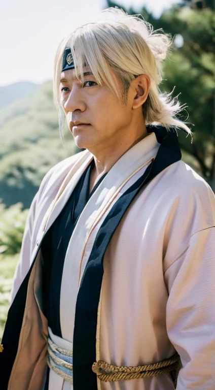 “Naruto anime character、Make a live-action version of the Third Hokage。he is older、Has a face of wisdom and experience。with characteristic white hair、His deeply wrinkled face reveals his long experience and responsibility as Hokage.。His attire is traditional Hokage attire.、in red and white robes、He wears a hat, which is the symbol of the Hokage.。Attention to detail and texture of clothes、express his majesty and benevolence。The background depicts the peaceful landscape of Konohagakure no Sato.、emphasizes his role as a symbol of the village he is supposed to protect。”