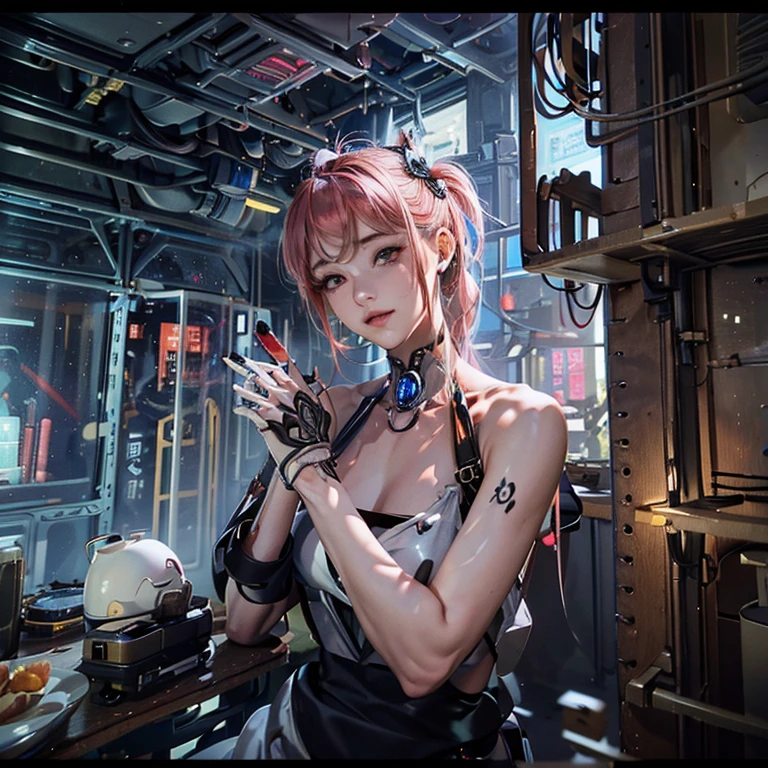 training、（（tmasterpiece））、（（Best quality）、（super detailing）、（CG illustration）、（very righteous and beautiful））、电影灯光、（（1机械女孩））、White double ponytail、red color eyes、slide、（Mechanical art：1.4）、（Mechanical limb）、(（The mechanical cervical vertebrae are attached to the neck）、face expressionless、scientific fiction、apocalytic、Secret base， （Integration of lower body and mechanical device），（Blue blood：1.5），balmy，fusion with machines，Doomsday time，Super Future，inorganic，Lab Room，restraind，（Beautiful Indulgence：1.2），（1 Mechanical Boy：1.3）