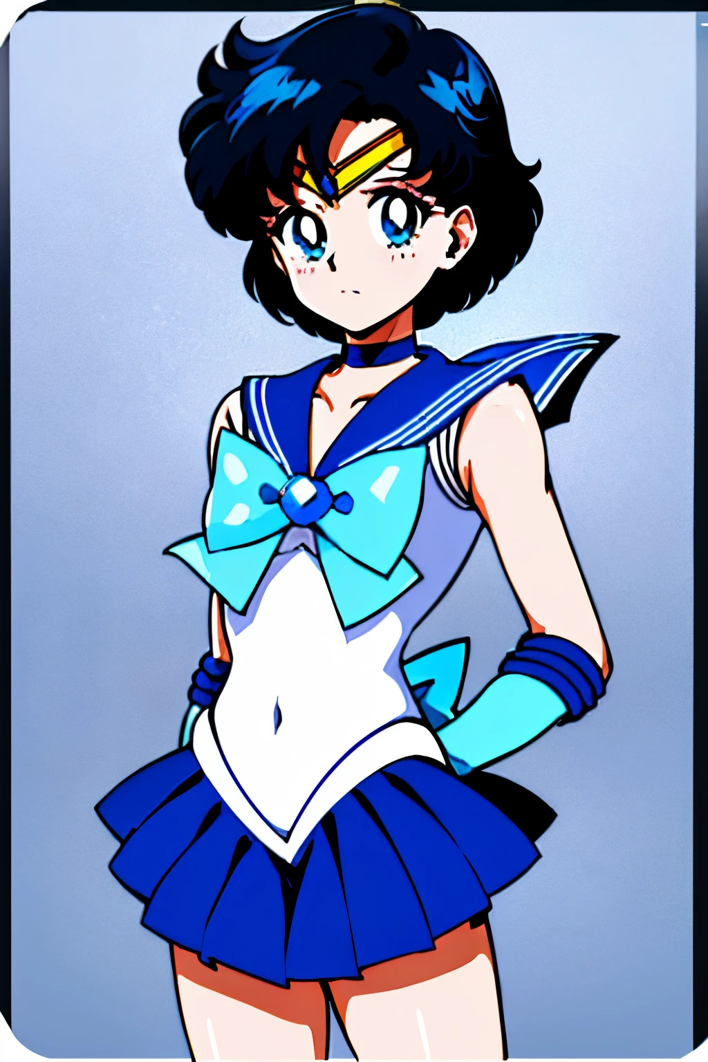 Top Quality Anime Art、masterpiece、high definition anime art、anime style 4 k、Anime Boy、 boys、gender change、gender change(Girls to boys)、solo、Sailor Senshi Uniform、Ami Mizuno、Sailor Mercury、white glove、elbowgloves、Blue choker、rating:safe、jewelry、Blue-eyed boy、Very short blue-haired boy、Blue sailor collar、Sky blue bow tie、耳Nipple Ring、skirt、bow、Magical Boy、White leotard、highleg leotard、robe blanche、looking_at_viewer、blue_bow、sky blue_bow、white_bow、a blue skirt、Boy standing、covered_navel、closed_mouth、gradient_background、circlet、a miniskirt、pleatedskirt、gradient、back_bow、Bare shoulders、bare legs、collarbone、bangs、(1990's\(styles\):0.9)、