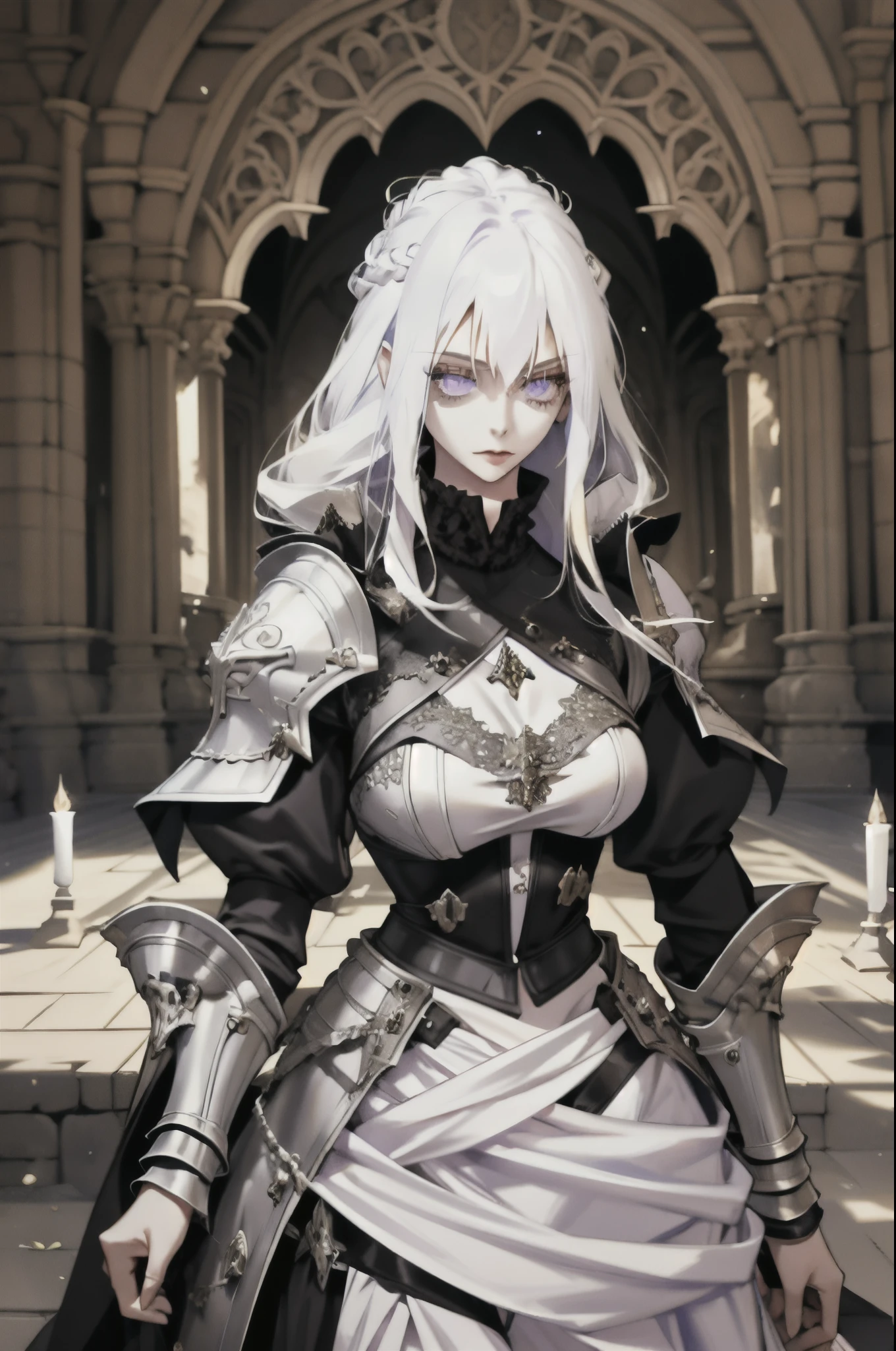 1 girl, long white hair, crystal lavender eyes, beautiful with an air of purity and intelligence, slender body, calm princess who is a mastermind strategist, wearing a black demure and elegant dress, armored dress, medieval fantasy, in a castle