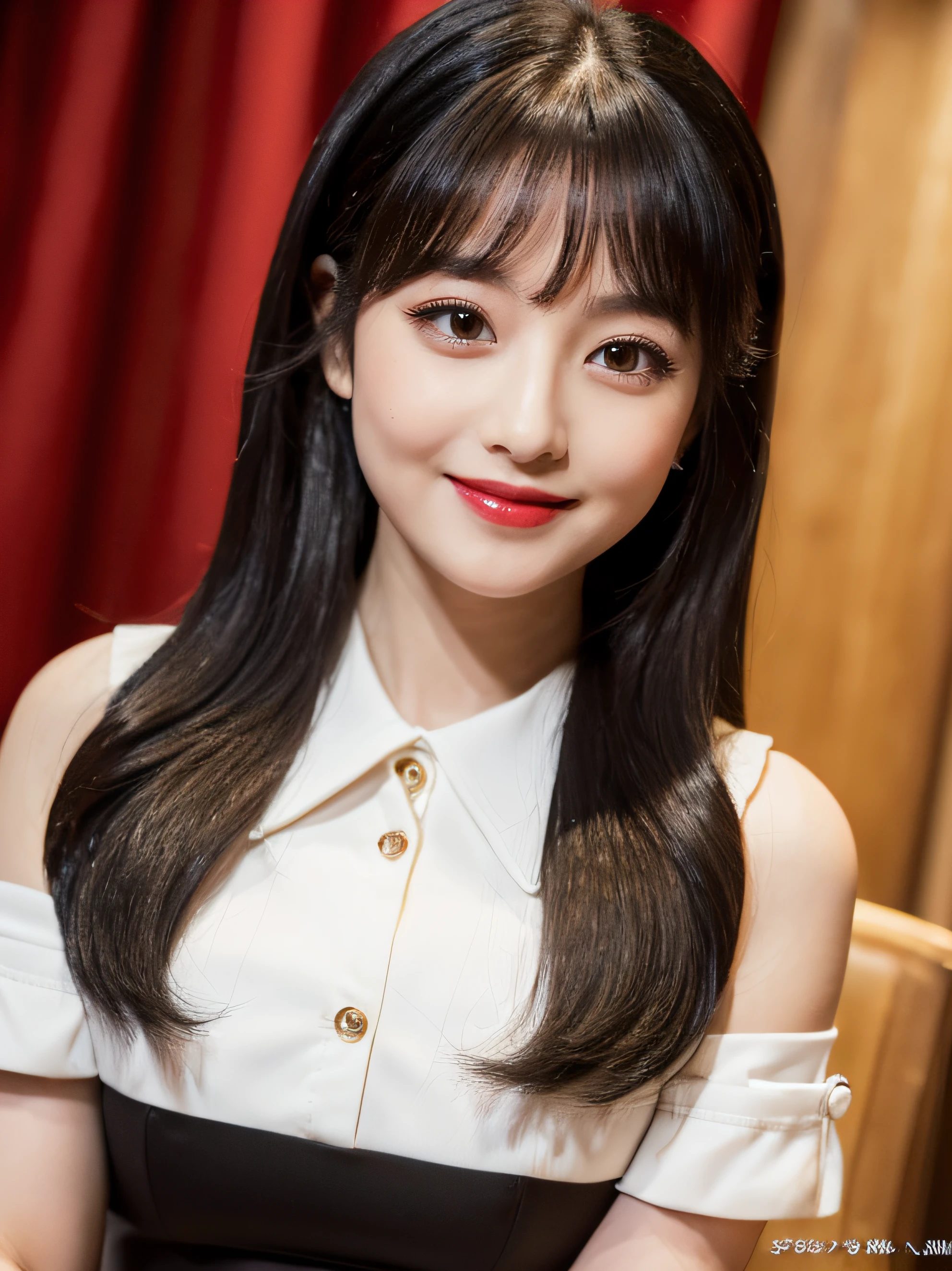 ((Top Quality, 8K, Masterpiece: 1.3)), Beautiful, Pure, Melon Face, Kind and Cute, Sweet Smile, Pure Desire, Slender Body, ((Front)), (Looking at Camera), Wearing a Suit, Black silky medium hair, long flowing shoulders, round black big eyes, clear big eyes, moist red lips, sweet, sitting on a chair, cafe background, (waist shot),