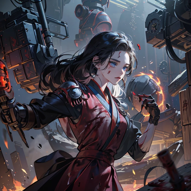 Mulan training, (tmasterpiece), (best quality), (super detail), (CG illustration), (very evil and beautiful), movie lighting, (1 mechanical girl), sliding, (mechanical art: 1.4), (mechanical limbs), (mechanical cervical spine attached to neck), expressionless face, science fiction, apocalypse, ruins, (lower body integrated with mechanical devices), (blood: 1.5), brutal, Hoang lap, integration with machines, apocalyptic time, super future, inorganic, laboratory, restraint, (beauty indulgence: 1.2), (1 rapariga: 1.3)