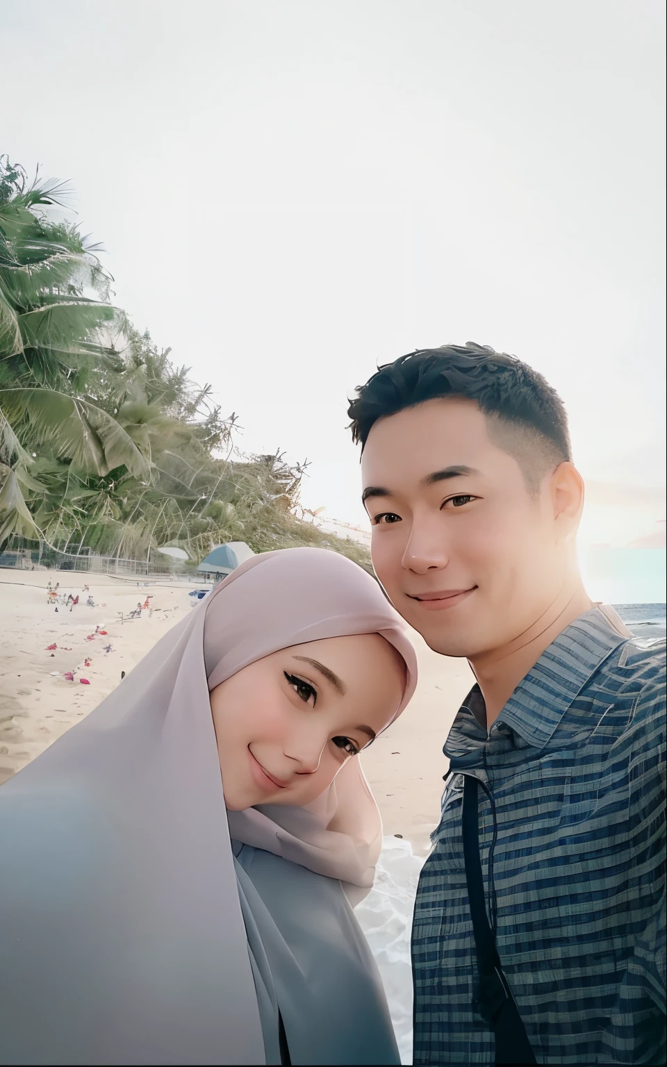 there is a man and woman standing on the beach together, at a beach, couple, happy couple, on beach, on a beach, in the beach, with sunset, during sunset, lovely couple, selfie, at the beach, 8k selfie photograph, 😃😀😄☺🙃😉😗, taken on go pro hero8, at a tropical beach