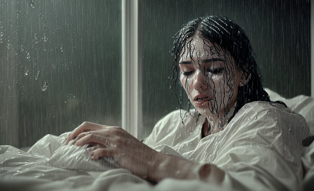 Arape woman lying in bed in the rain, It's raining outside the window, Incredibly moody cinematography, still from a music video, It's raining like a dream, It's raining outside, youtube video screenshot, The aesthetics of rain, knees tucked in | It's raining, ethereal stills, window ( Sateen ), It's raining outside the window, Like the tears of the rain at the time of death