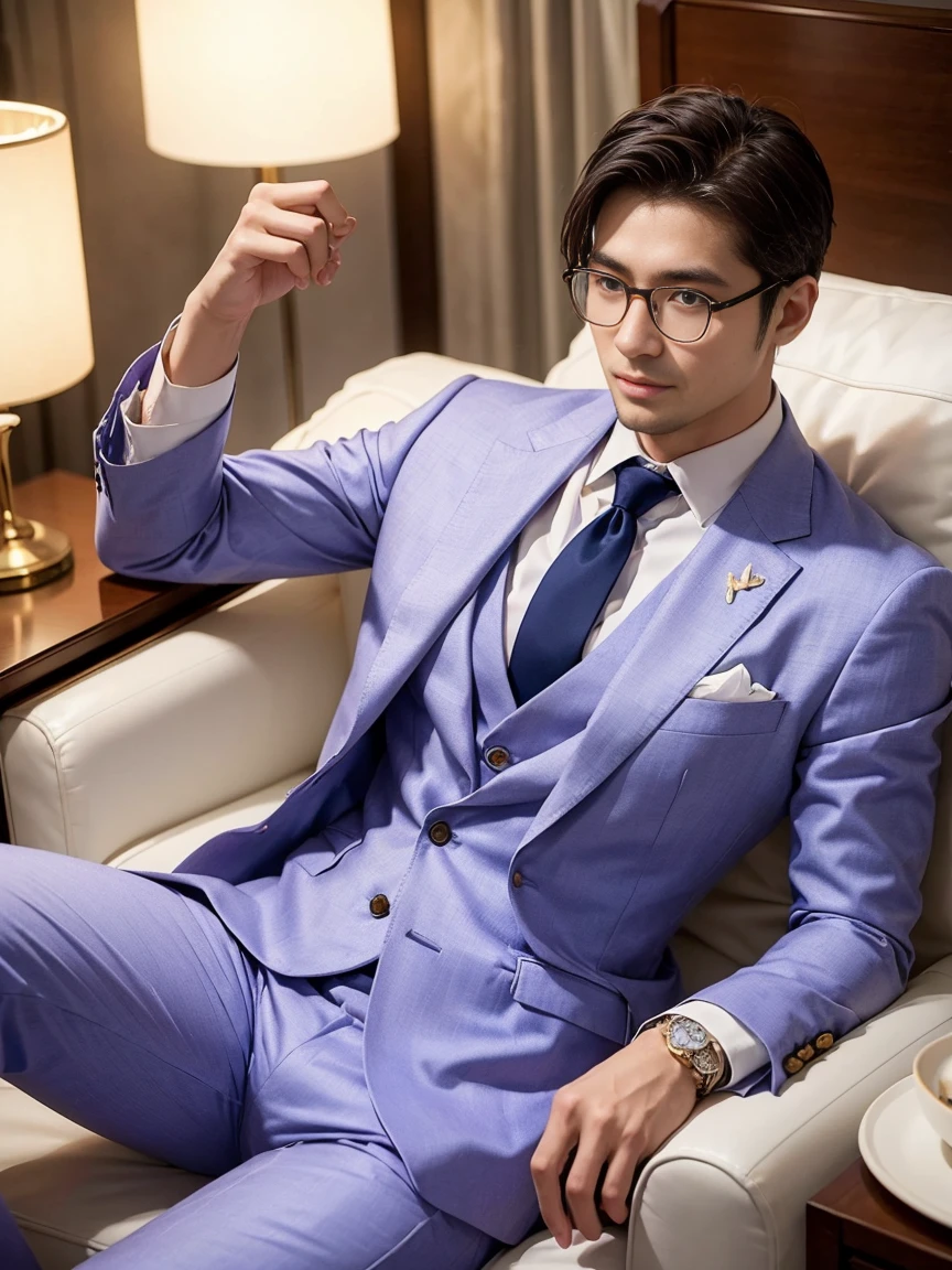 the handsome man in suit reading Ancient book, Book of Wealth, thick book, looks powerful, powerful and wealthy, has an aura around the background, beads of success.