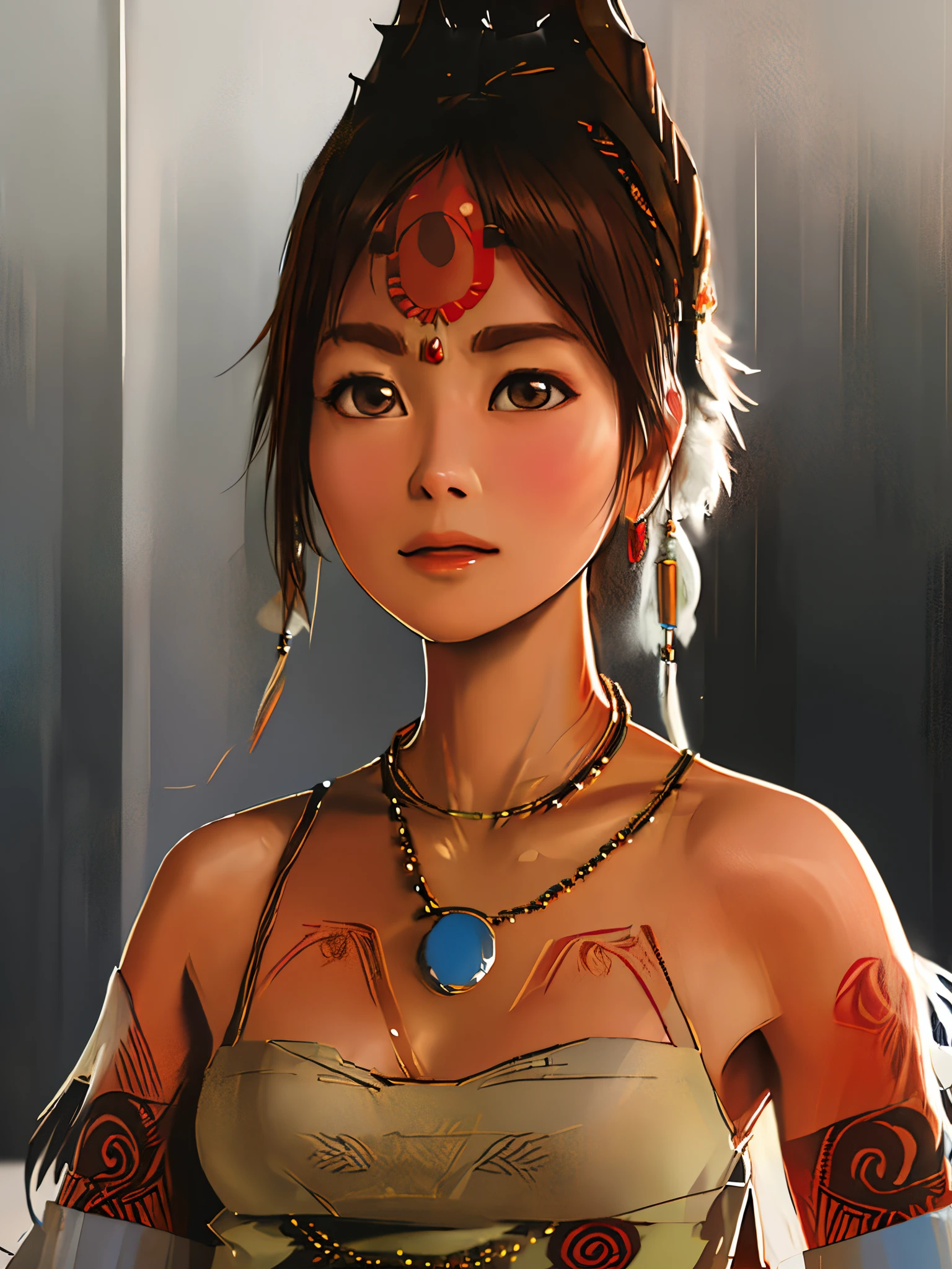 "Generate a high-quality image with advanced levels of detail and cinematic style, depicting the face of an indigenous warrior woman adorned with a headdress, tribal tattoos, and necklaces