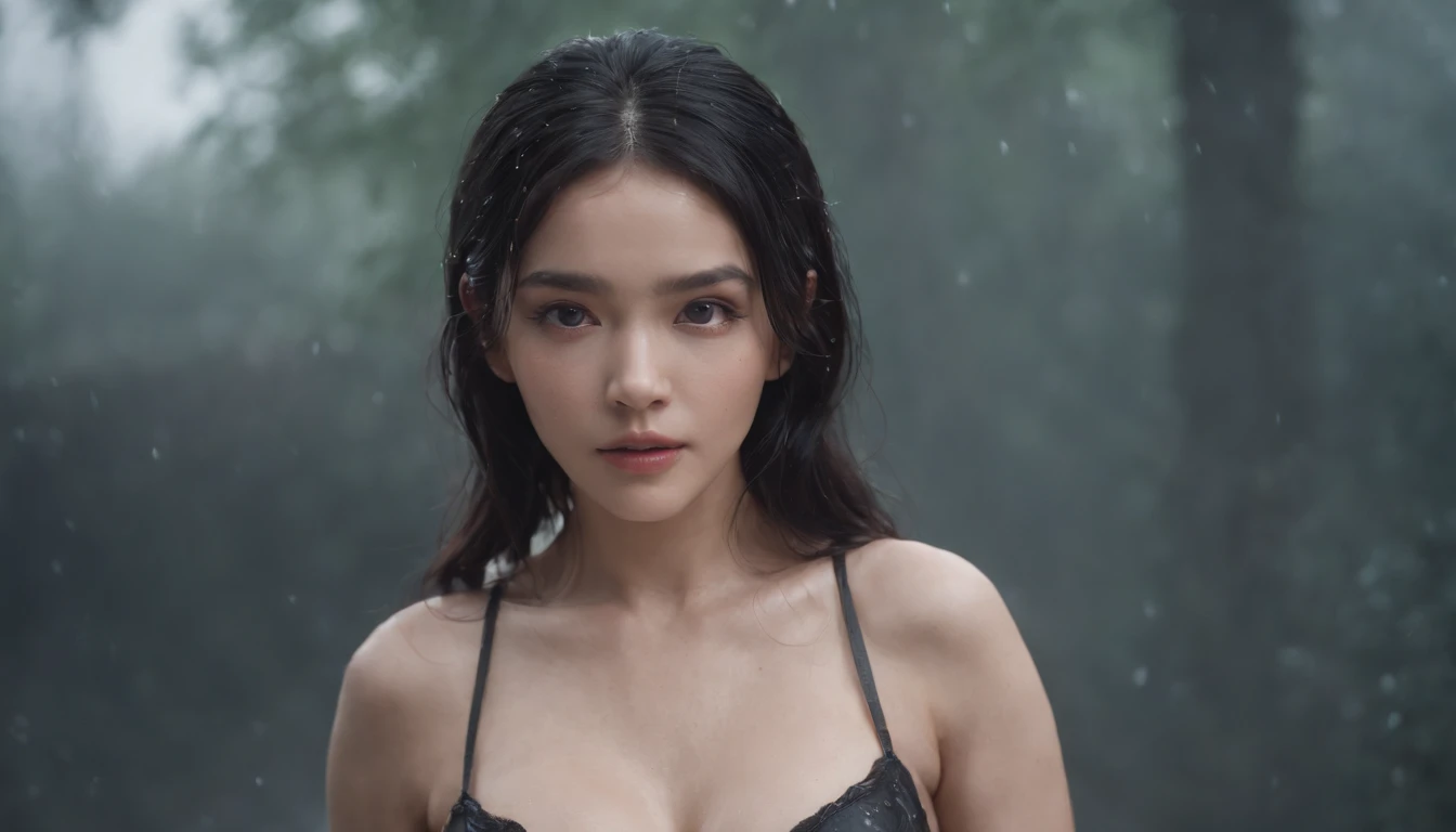 black hair, wet hair, shiny hair, messy hair, hair over shoulder, empty eyes, 　 longeyelashes, blush, mouth hold, Romanticism, Surrealism, full body shot， black underwear，　big breasts depth of field, Fujicolor, f/1.8, UHD, high details, textured skin, best quality,  　highres, 8k