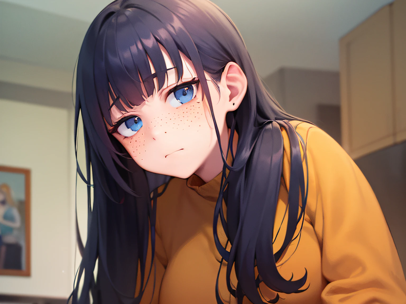 masterpiece、top-quality、wearing an orange blouse、Alone、((55-year-old aunt、the presence of freckles on the cheeks、Depressed and gloomy look、Wrinkles on face))、(Very plump body:1.1)、(very thick waist:1.3)、(thick thight:1.3)、(Saggy)、The background is the living room、Bold composition、(Staring:1.5)、Staring at the camera、Wrinkles at the corners of the eyes、Black long hair、full body photographed、Precise images、jitome