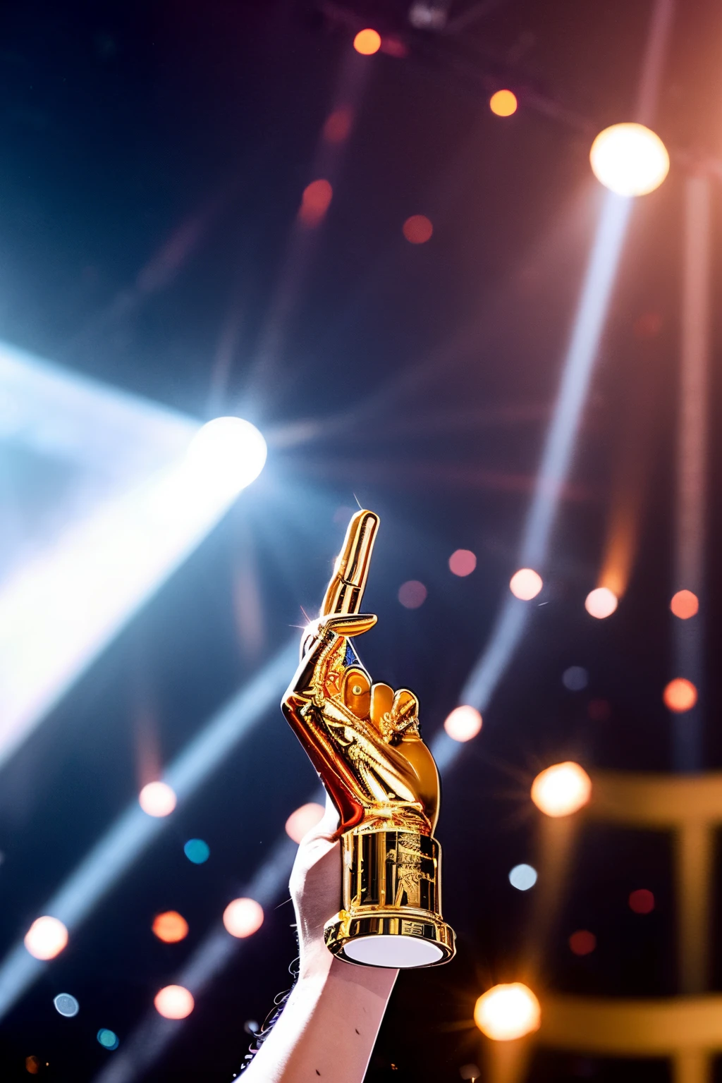 metallic middle finger sticking at the top fo a golden trophy, seen from front