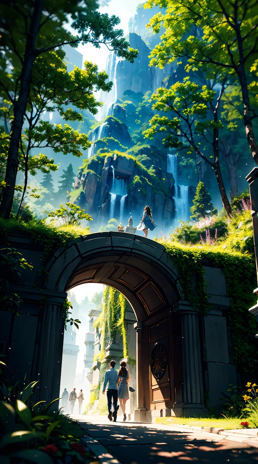 A stunningly detailed sacred stargate portal hidden within a lush, enchanted forest, with a man and woman walking hand in hand towards it, bathed in vibrant natural lighting. The scene is whimsical and atmospheric, with fantastical elements that transport you to different worlds. The colors are vivid and rich, bringing a sense of magic to the image. The photo is of the highest quality, created with hyper photorealism using Unreal Engine 5, capturing every intricate detail. The filmgrain effect adds a touch of nostalgia while maintaining the realism. The resolution is 8K, providing ultra-detailed clarity, and the UHD and HDR enhance the dynamic range of colors and lighting. The depth of field effect adds dimension to the composition, drawing attention to the stargate. Captured with the Fujifilm X4, renowned for its exceptional image quality and color reproduction.