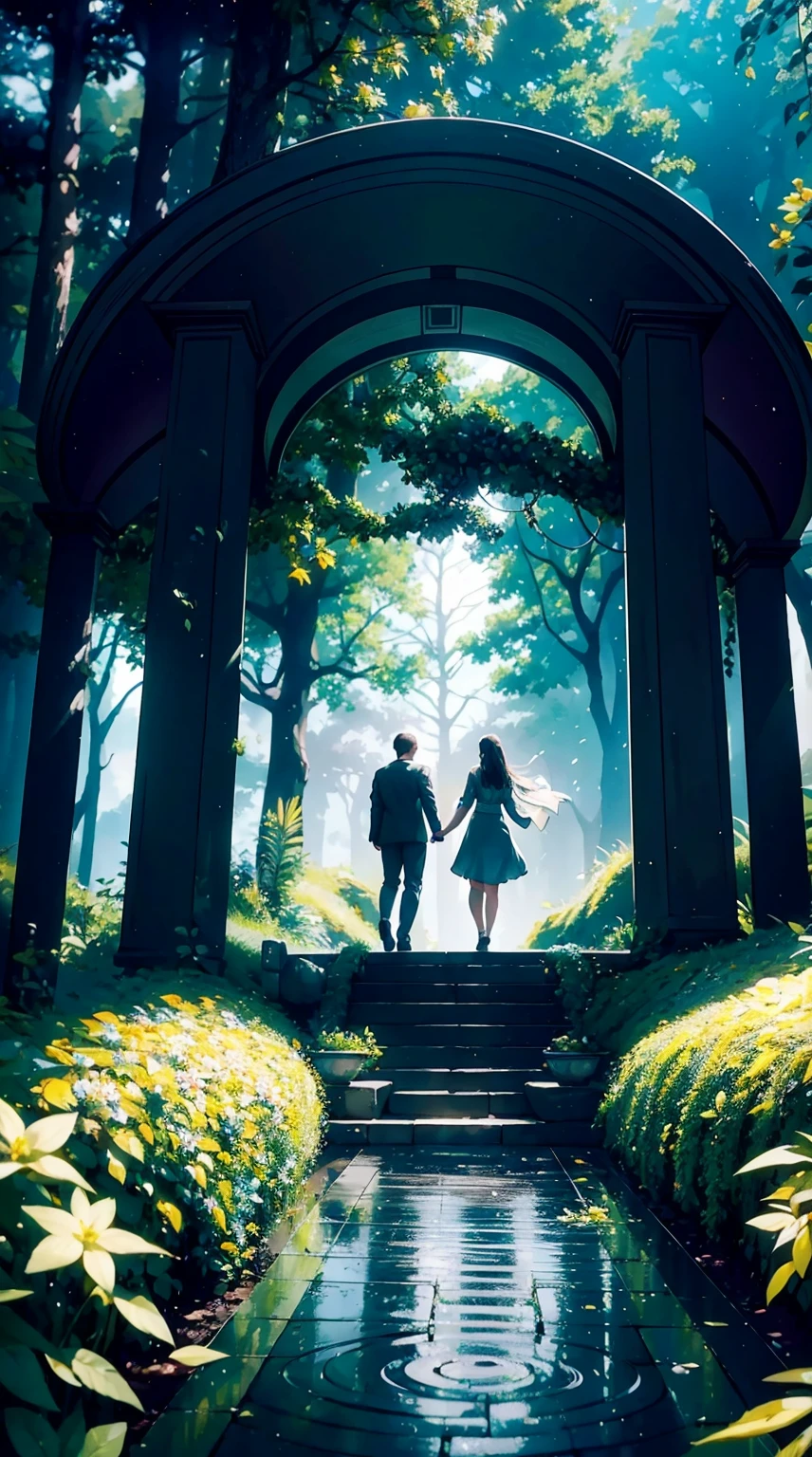 A stunningly detailed sacred stargate portal hidden within a lush, enchanted forest, with a man and woman walking hand in hand towards it, bathed in vibrant natural lighting. The scene is whimsical and atmospheric, with fantastical elements that transport you to different worlds. The colors are vivid and rich, bringing a sense of magic to the image. The photo is of the highest quality, created with hyper photorealism using Unreal Engine 5, capturing every intricate detail. The filmgrain effect adds a touch of nostalgia while maintaining the realism. The resolution is 8K, providing ultra-detailed clarity, and the UHD and HDR enhance the dynamic range of colors and lighting. The depth of field effect adds dimension to the composition, drawing attention to the stargate. Captured with the Fujifilm X4, renowned for its exceptional image quality and color reproduction.