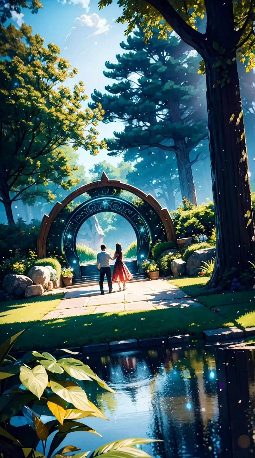 A stunningly detailed sacred stargate portal hidden within a lush, enchanted forest, with a man and woman walking hand in hand towards it, bathed in vibrant natural lighting. The scene is whimsical and atmospheric, with fantastical elements that transport you to different worlds. The colors are vivid and rich, bringing a sense of magic to the image. The photo is of the highest quality, created with hyper photorealism using Unreal Engine 5, capturing every intricate detail. The filmgrain effect adds a touch of nostalgia while maintaining the realism. The resolution is 8K, providing ultra-detailed clarity, and the UHD and HDR enhance the dynamic range of colors and lighting. The depth of field effect adds dimension to the composition, drawing attention to the stargate. Captured with the Fujifilm X4, renowned for its exceptional image quality and color reproduction.