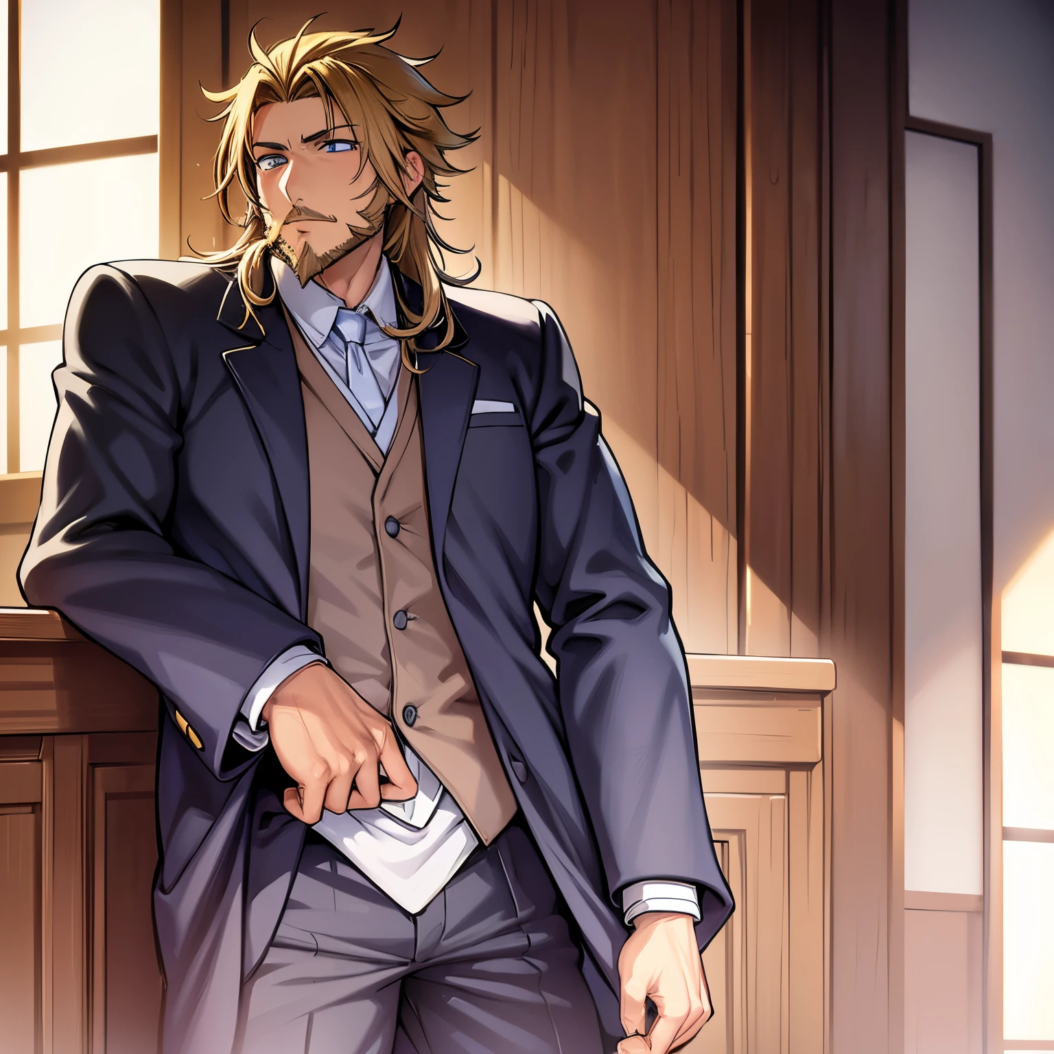 Handsome anime guy with dark blonde hair with a beard