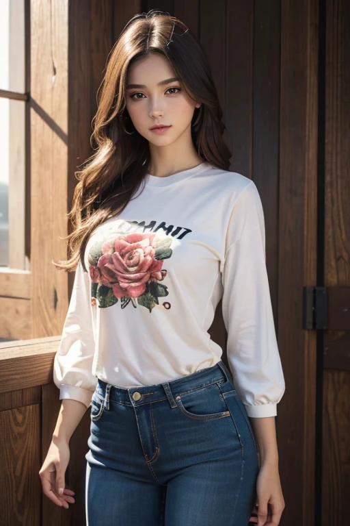 (best quality,4k,8k,highres,masterpiece:1.2),ultra-detailed,(realistic,photorealistic,photo-realistic:1.37),young beautiful girl(1girl),brunette,anime character appearance,detailed eyes and face,entrancing rose colored eyes,toned,chiselled physique,slender,metal arm,wearing full-sleeve t-shirt and black jeans,deeply in love with the viewer