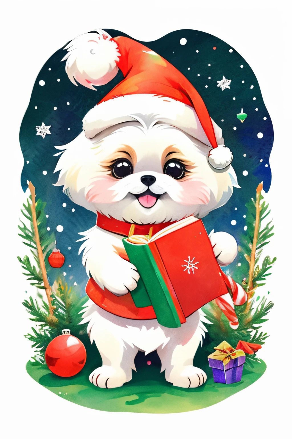 3D vector art、Colorful cute white pekingese dog、Wearing a Christmas hat and holding a book。, cute christmas present, Ultra-realistic high quality, Cute and quirky, Fantasy Art, Watercolor effect