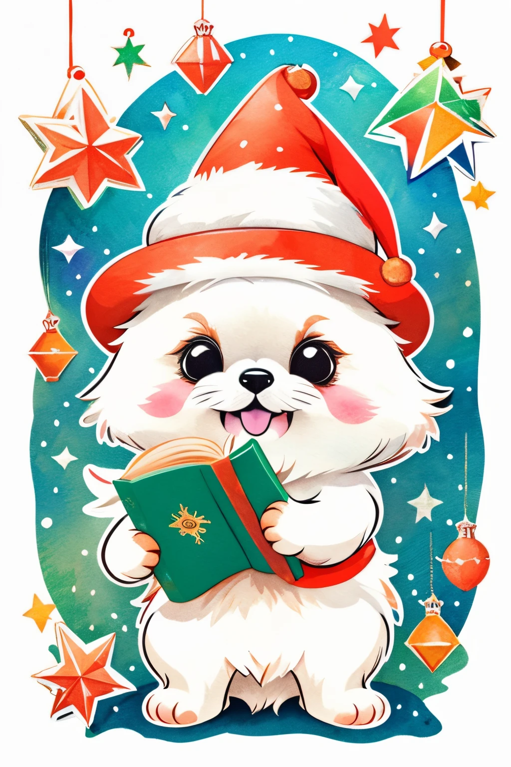 3D vector art、Colorful cute white pekingese dog、Wearing a Christmas hat and holding a book。, cute christmas present, Ultra-realistic high quality,  Cute and quirky, Fantasy Art, Watercolor effect
