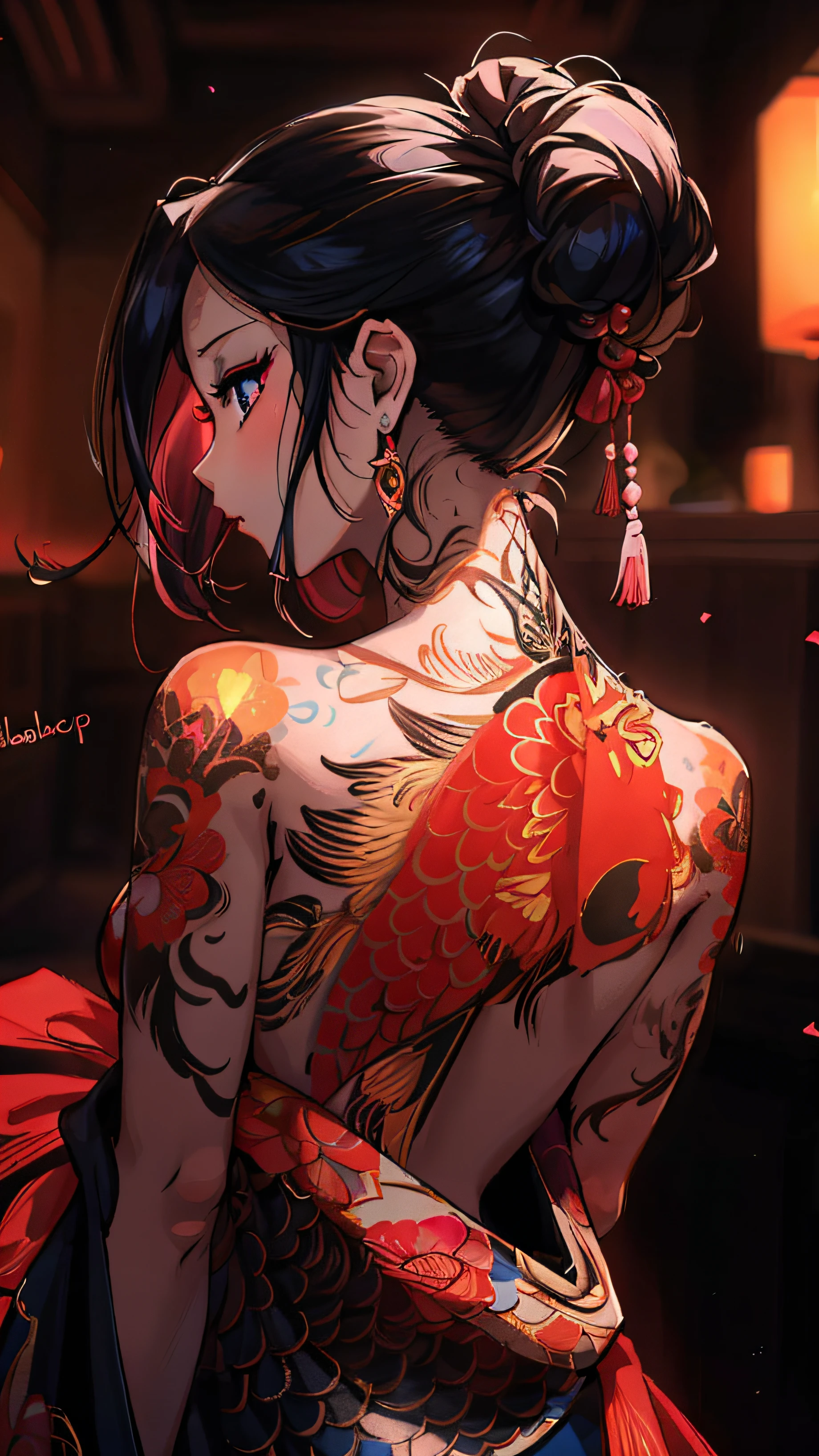 uma mulher com uma tatuagem no corpo e um peixe nas costas, arte de corpo inteiro, anime mulher fullbody arte, japanese art style, bela arte de anime, mulher bonita sedutora do anime, bela arte digital, 8k arte detalhada de alta qualidade, a beautiful artwork illustration, Estilo anime bonito, Anime Art Wallpaper 4K, Anime Art Wallpaper 4K, Fundo Centro Tokyo, Luzes Neon em roxo, azul, rosa, arte real, mulher real