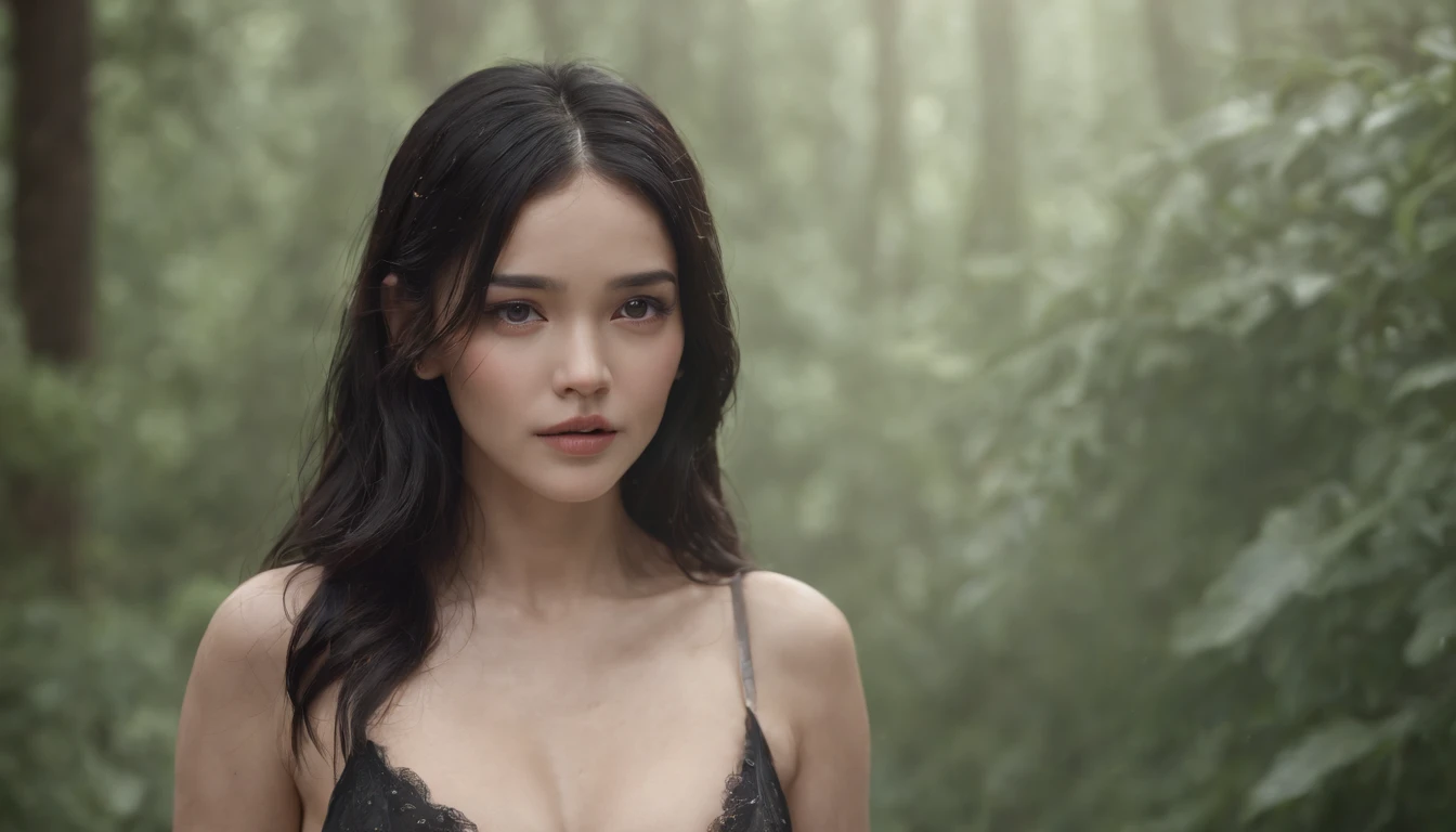 black hair, wet hair, shiny hair, messy hair, hair over shoulder, empty eyes, longeyelashes, blush, mouth hold, Romanticism, Surrealism, full body shot, full body photo, black underwear big breasts depth of field, Fujicolor, f/1.8, UHD, high details, textured skin, best quality, highres, 8k