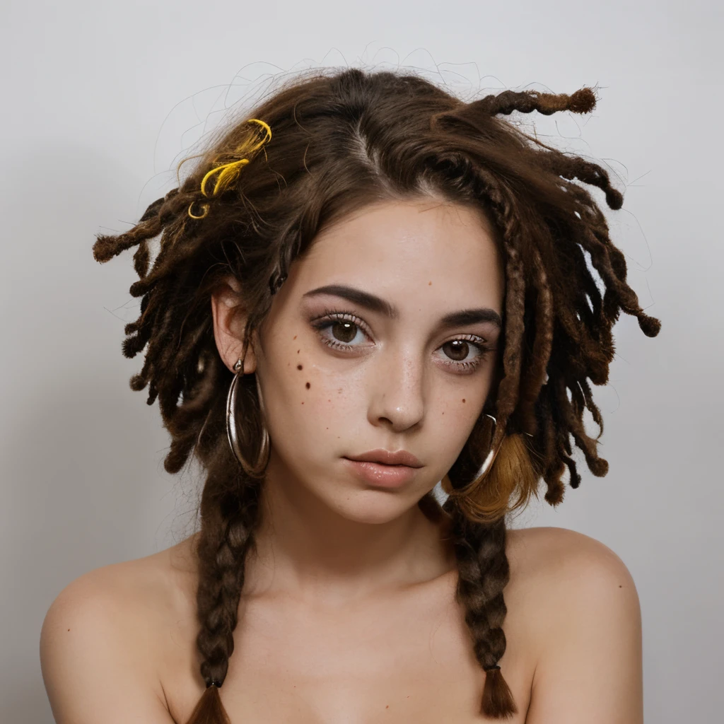 Chica morena, de pelo rizado y rastas, con pecas y una mirada desafiante, busto mediano, delgada, con estilo gotico