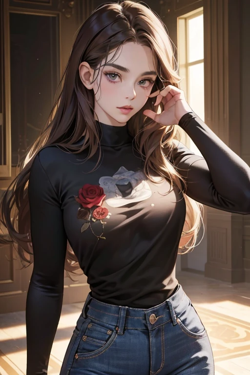 (best quality,4k,8k,highres,masterpiece:1.2),ultra-detailed,(realistic,photorealistic,photo-realistic:1.37),young beautiful girl(1girl),brunette,anime character appearance,detailed eyes and face,entrancing rose colored eyes,toned,chiselled physique,slender,metal arm,wearing full-sleeve t-shirt and black jeans,deeply in love with the viewer