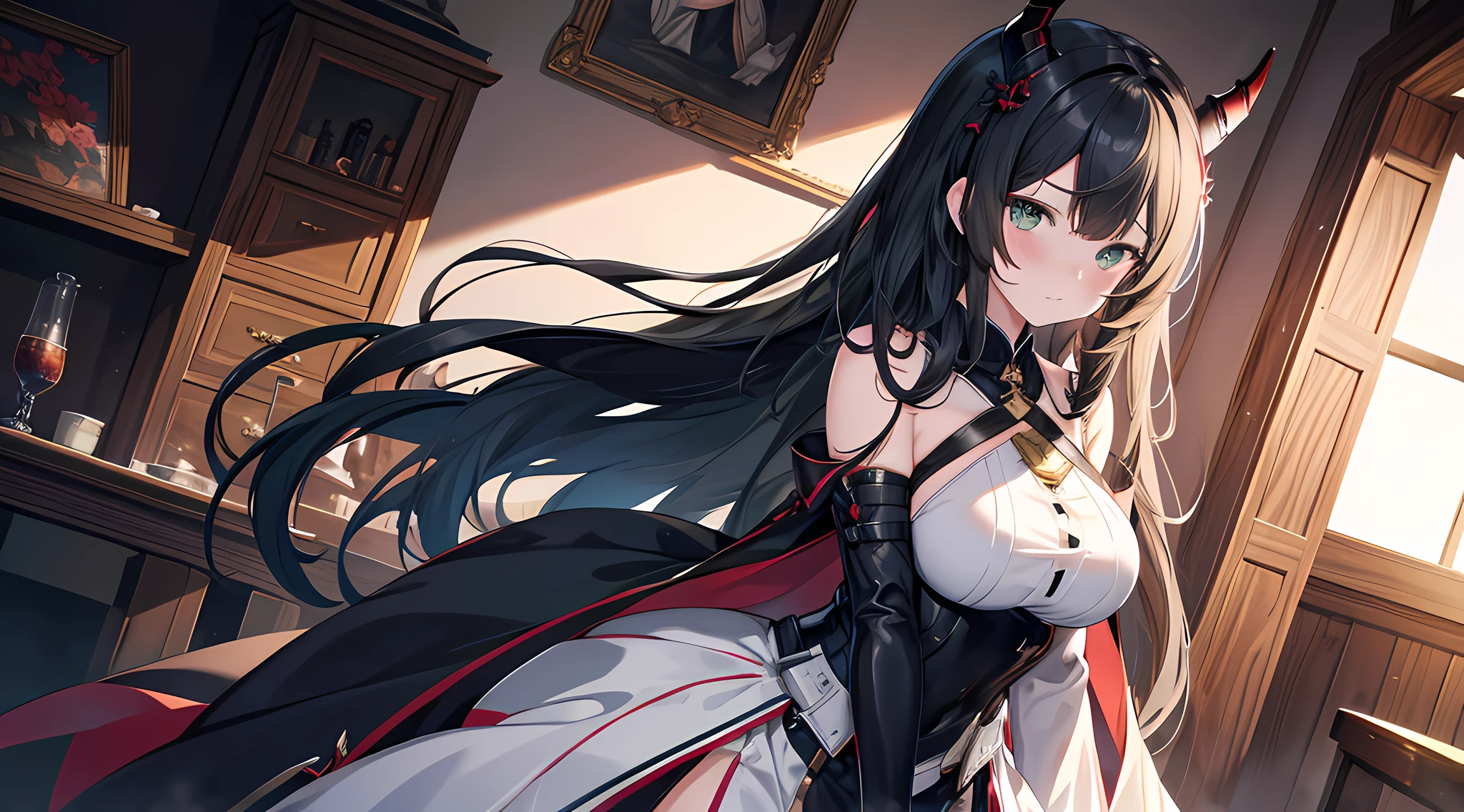 a demon queen, (demon horns, black hair, detailed hair, green eyes, beautiful eyes finely detailed), pixiv contest winner, serial art, top rated on pixiv, bat wings, big breast, side boobs, wearing black armored knight suit, her face is blushing, embarassed, seductive expression, naughty woman expression, the background is in a private room, azurlane style, standing, (half body:0.6), half body close up illustration