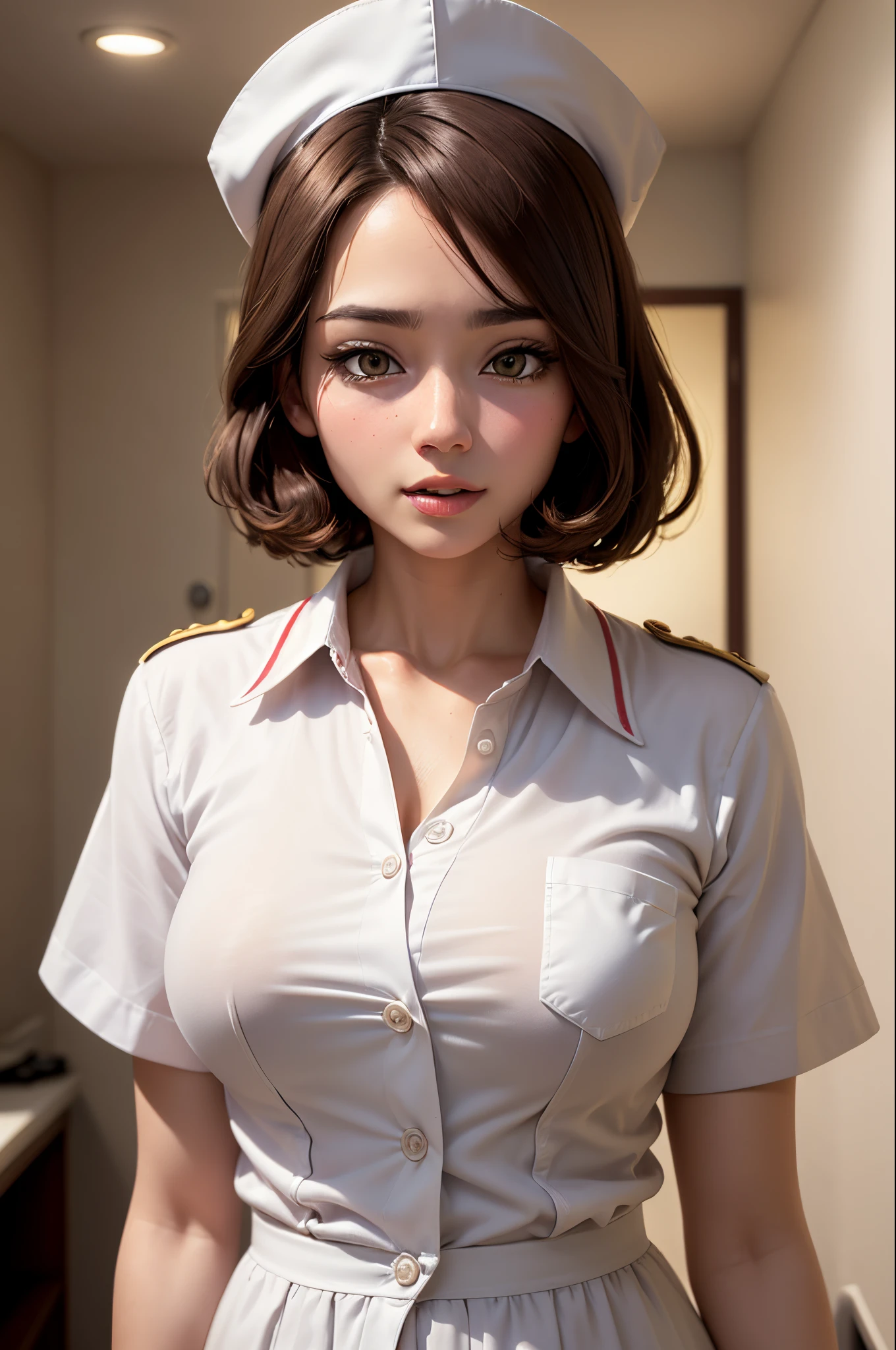 (Best quality, 8k, 32k, Masterpiece, UHD:1.2),Photo of Pretty Japanese woman, 1girl, (medium-short dark brown hair), (large breasts), double eyelid, White nurse uniform, small white nurse (cap), white shirt, open shirt, hospital, patient's room, upper body, sexy