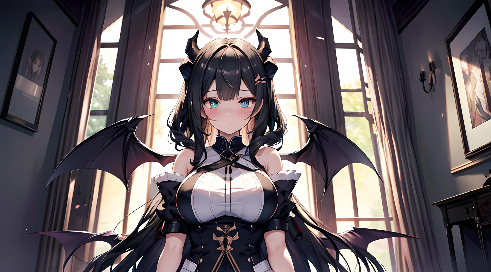 a demon queen, (demon horns, black hair, detailed hair, green eyes, beautiful eyes finely detailed), pixiv contest winner, serial art, top rated on pixiv, bat wings, big breast, side boobs, wearing black armored knight suit, her face is blushing, embarassed, seductive expression, naughty woman expression, the background is in a private room, azurlane style, standing, (half body:0.6), half body close up illustration