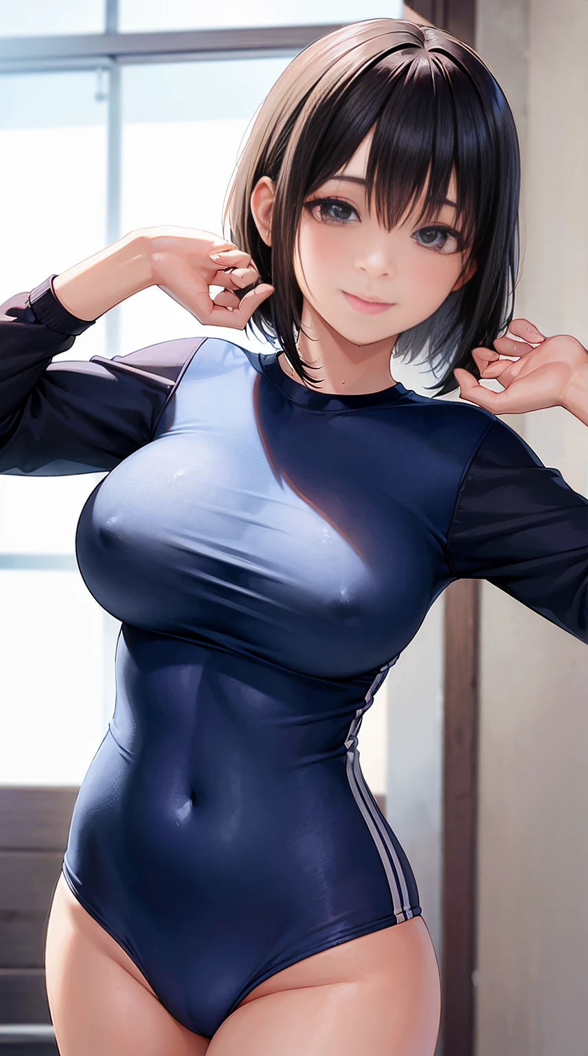 8K、Realistic、A detailed face、Detailed mouth、A detailed eye、wetted skin、is standing、raise arms、A smile、shot from front、large full breasts、sports wear、training gym、bob cuts