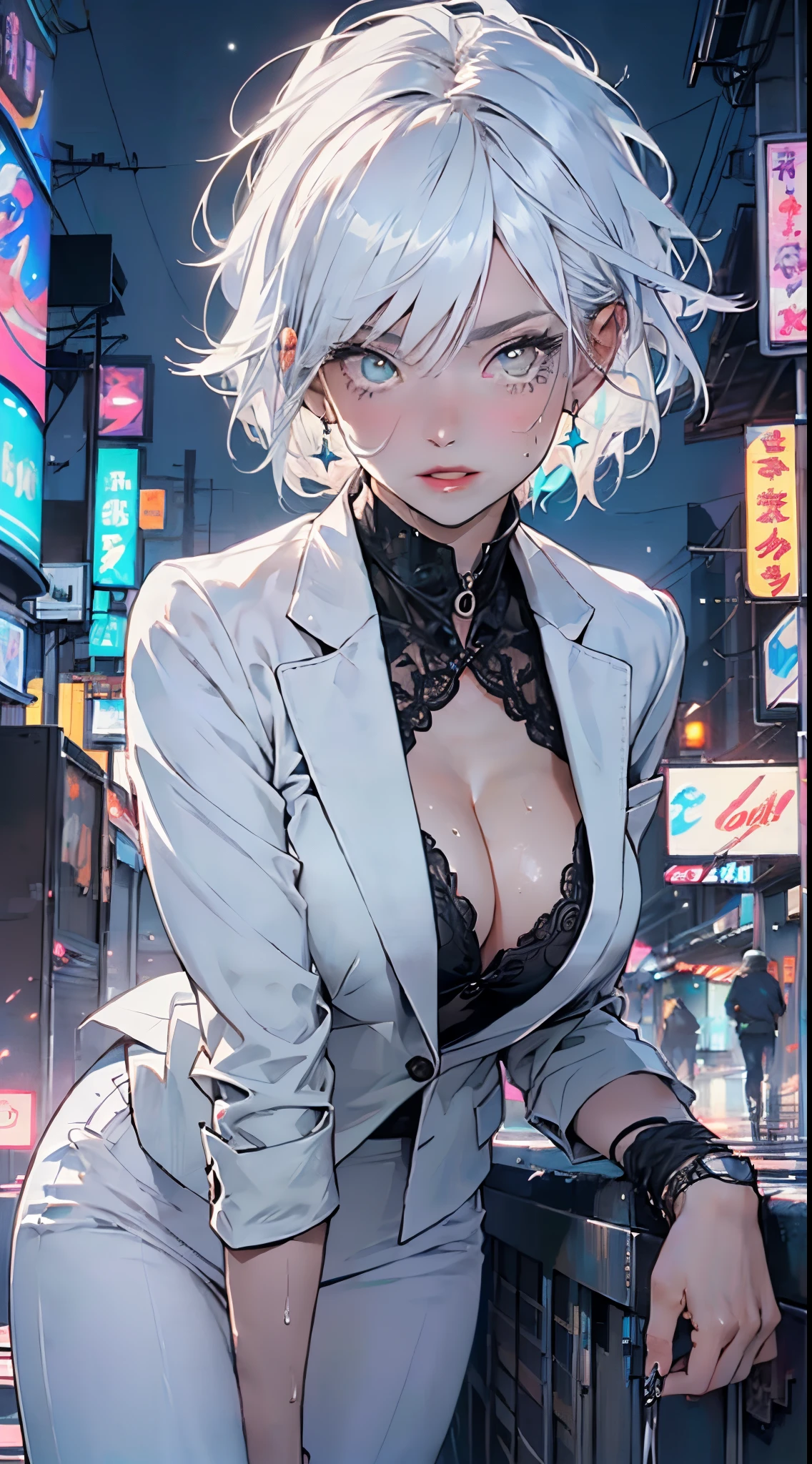cute albino girl,(((1girl))),((albino girl with extremely cute and beautiful white hair)),
(small breasts:1.4),(((white hair:1.35,colored inner hair,ear breathing,small white hair,tomboy haircut))),((heterochromia:1.5, (aqua_eye and white_eye))),intricate eyes,beautiful detailed eyes,symmetrical eyes,((fat)),(((pale skin,lustrous skin:1.5,bright skin: 1.5,shiny skin,very shiny skin,shiny body,plastic glitter skin,exaggerated shiny skin,illuminated skin,wet legs))),(spider lower abdomen,narrow waist,wide hip,athletic body,inflated legs,detailed body,(detailed face)),
cute,slutty,seductive,erotic,(((nsfw))),
(((wearing white formal blazer,white pants,))),(((huge cleavage))),((wet clothes,intricate outfit,intricate clothes)),
(dynamic pose:1.0),solo focus,embarrassed,(centered,scale to fit dimensions,Rule of thirds),
cyberpunk city by the ocean at night, with bright neon signs and dark stormy clouds and puddles, scenery:1.25,nighttime, starry night, cosmos,Very dark night that makes the neon lights stand out, very bright neon lights,nighttime, starry night, cosmos,
artistic photography,(photography taken by sldr),highres, sharp focus,(ultra detailed, extremely detailed), (photorealistic artwork:1.37),(extremely detailed CG unity 8k wallpaper),((synthwave background theme)),(((vibrant colors))),intricate,(intricate background),(masterpiece),(best quality),perfect rendered face,perfect face details,realistic face,photo realistic,analog style,((intricate detail)),(((realism))),