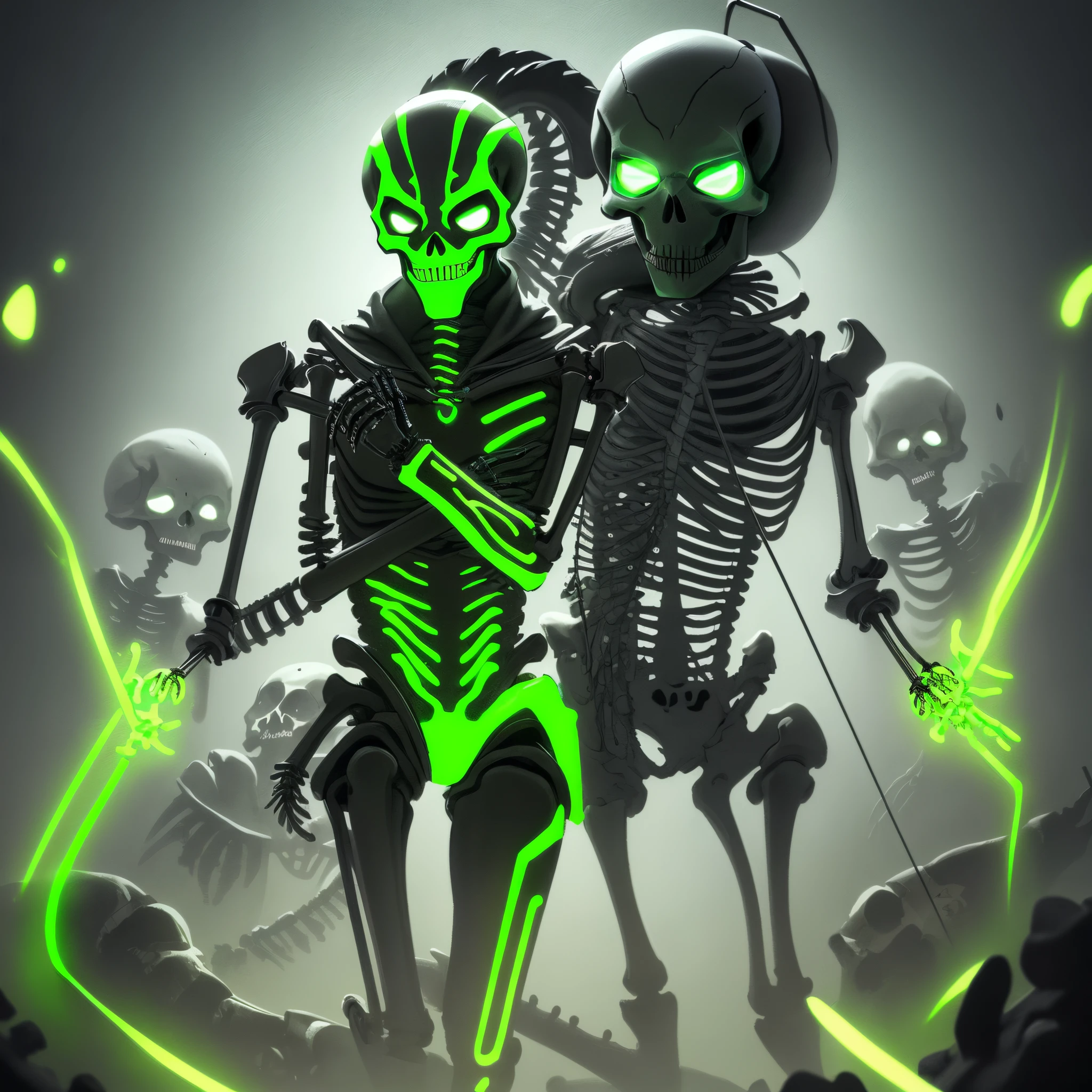 a humanoid skeleton with a neon green bodysuit; its head resembles a mask that covers its face. It has two gloves covering its hands, and a very long tail made up of numerous thin rods that can bend.