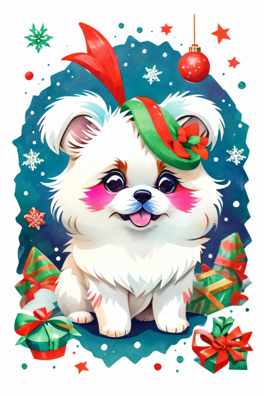 3D vector art、Colorful cute white pekingese dog、wearing a christmas hat, cute christmas present, Ultra-realistic high quality,  Cute and quirky, Fantasy Art, Watercolor effect