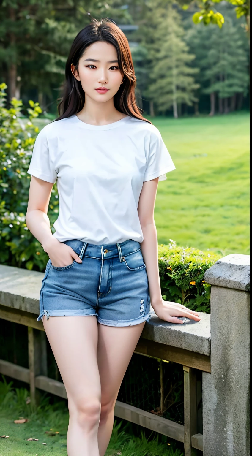 Japanese Korean beauty, 18yr old, Pure and cute, 16K high-definition realistic full-body photos, Photographic quality, Real and delicate face shape, mesmerizing eyes, 二重まぶた, long eyelasher, Sensual lips, slender and slender, white skinned, Realistic slender five fingers, in the background garden, mountain spring, waterfall man, EtherealBeauty, Wear casual navy short sleeves, white jean shorts